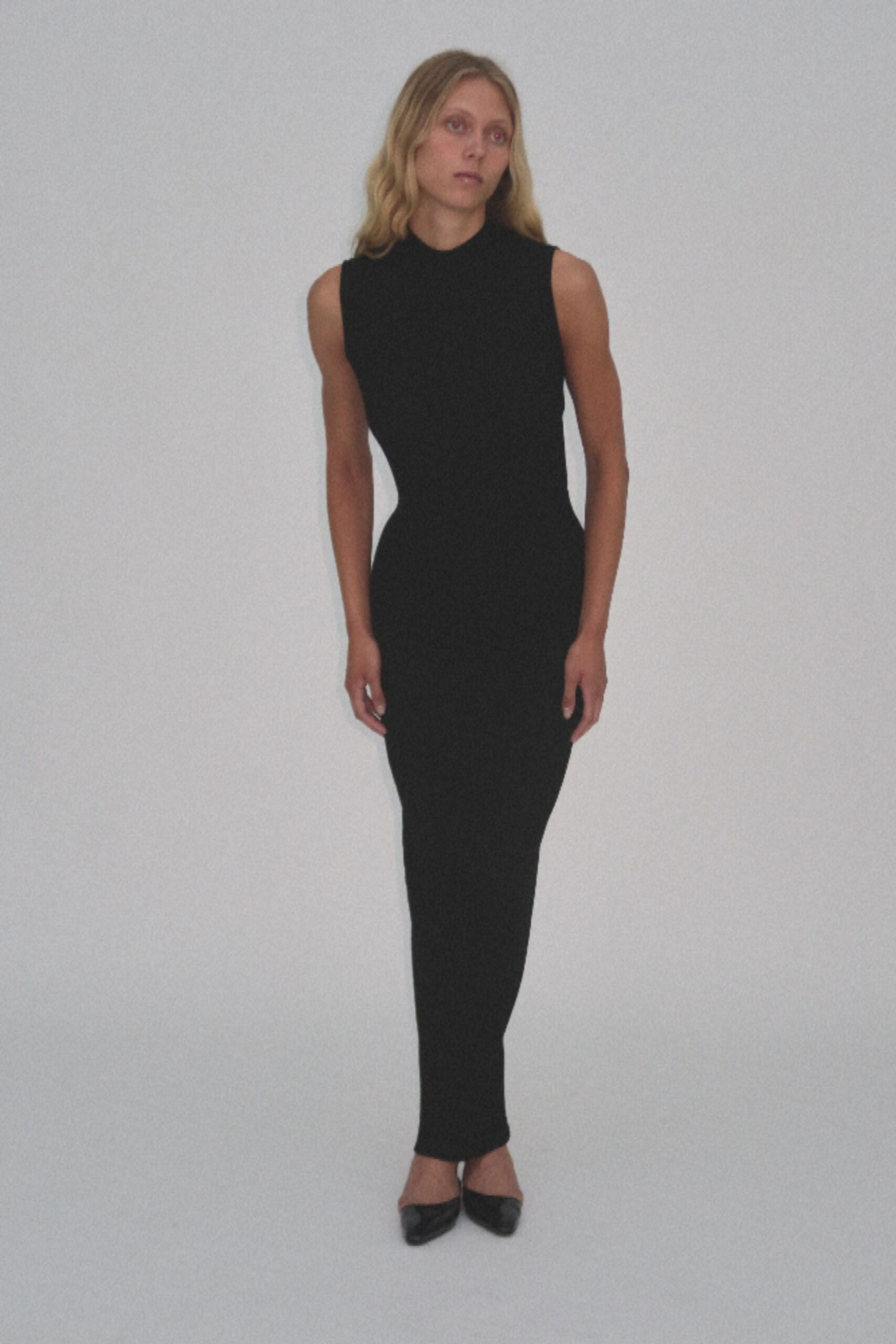 black cotton sleeveless high-neck fitted straight-leg maxi dress