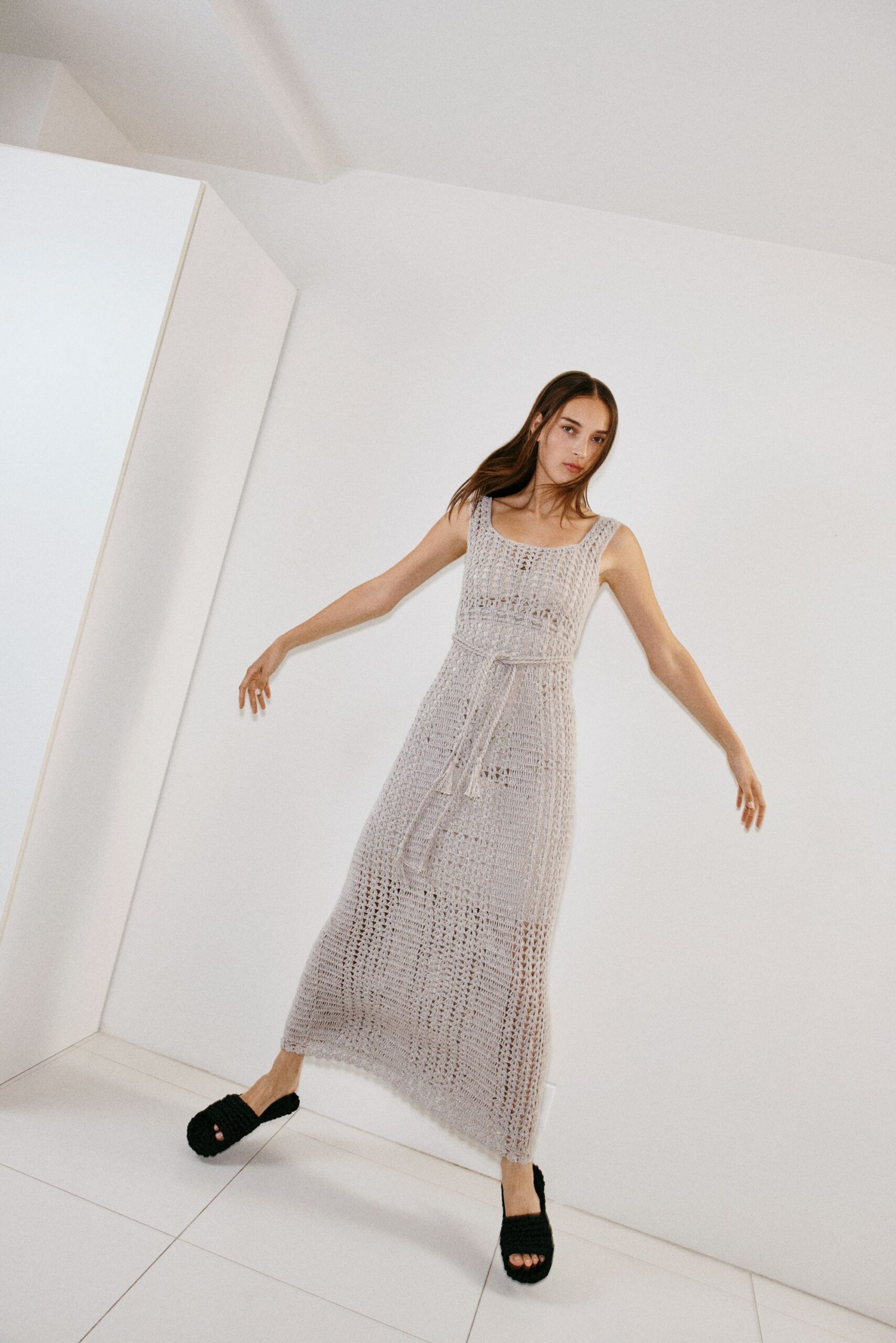 gray cotton sleeveless v-neck fitted layered sheer dress