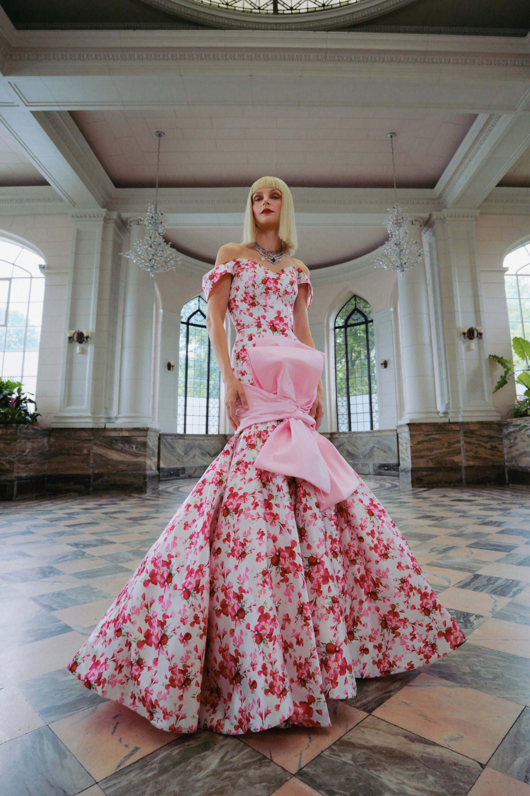 pink floral off-shoulder gown