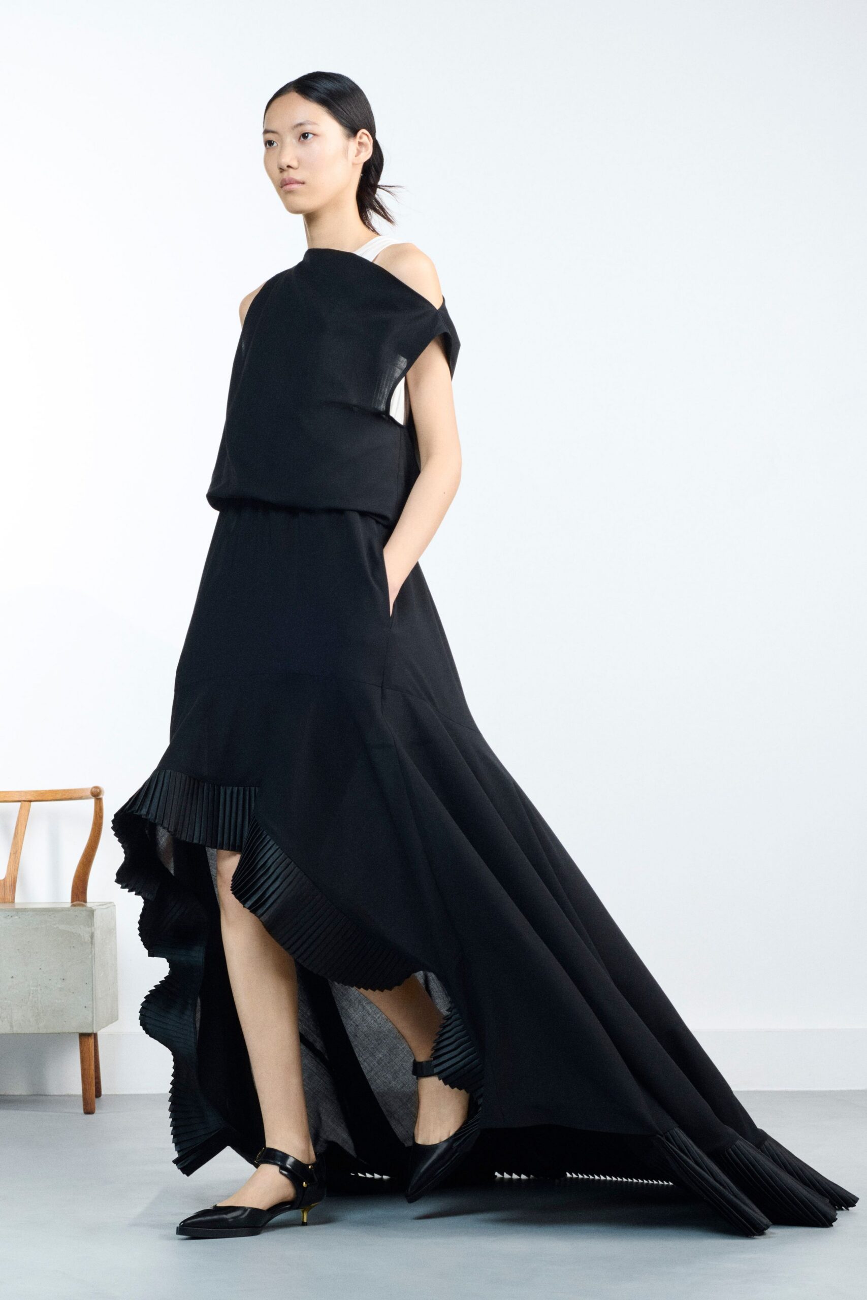 black cotton off-shoulder asymmetric fitted pleated maxi dress