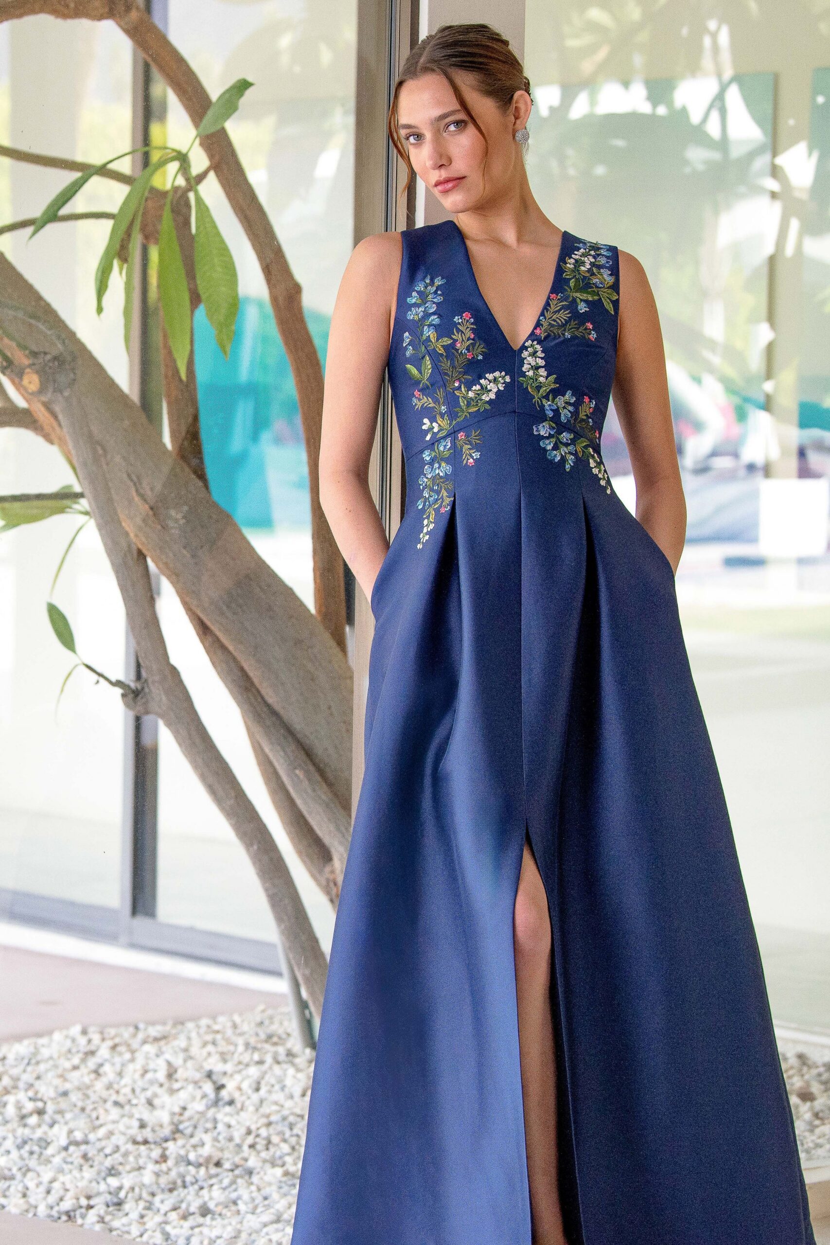 blue silk sleeveless gown