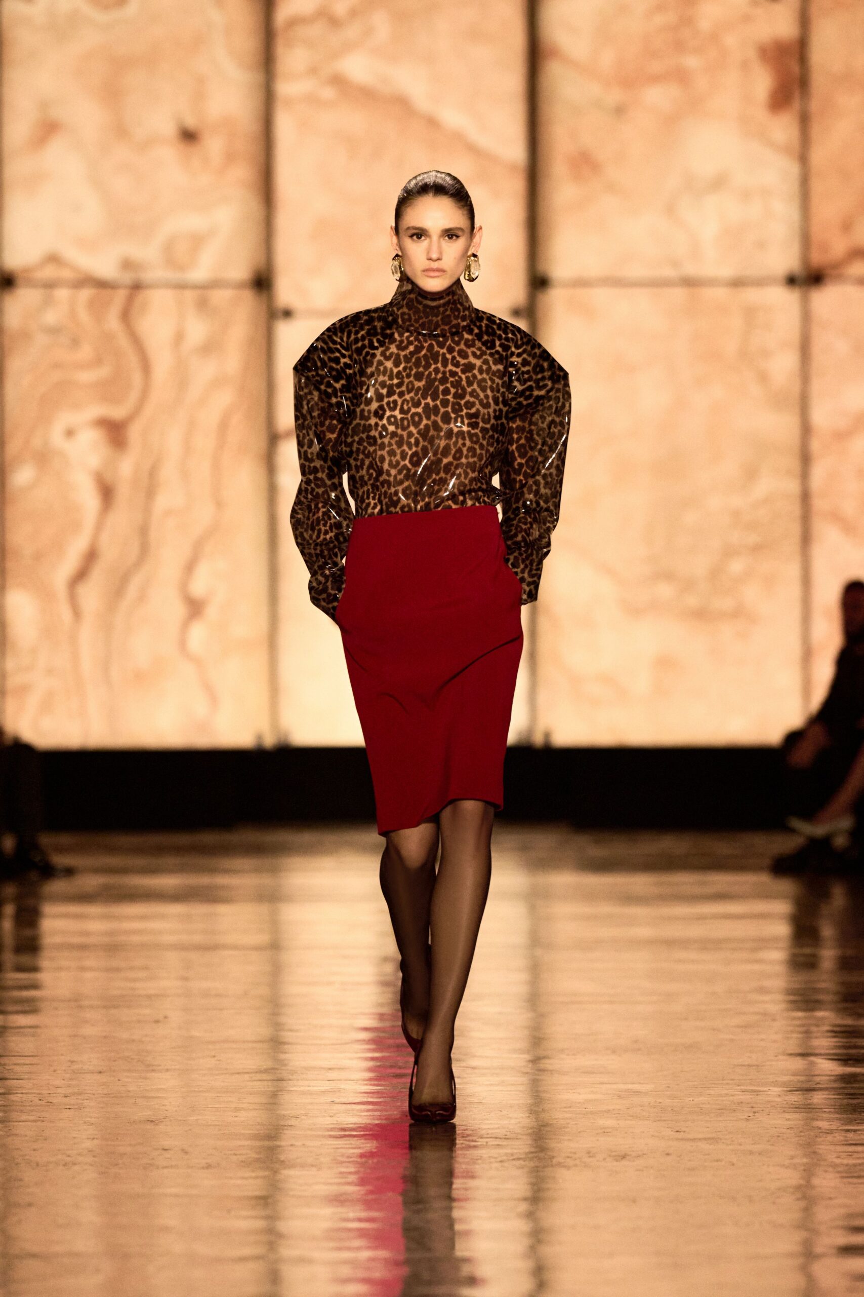 brown silk long-sleeve collared fitted animal-print blouse