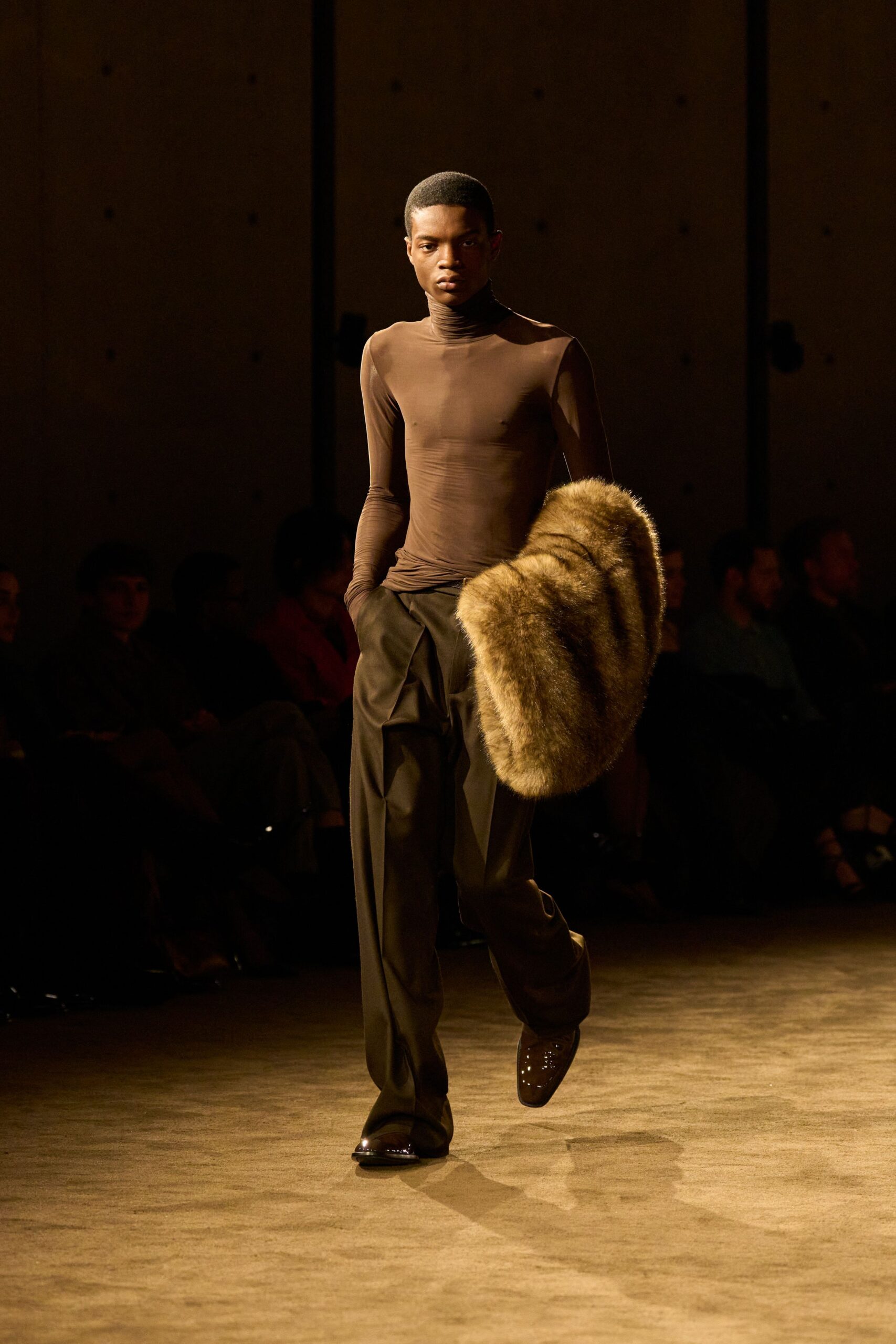brown fitted top with relaxed pants