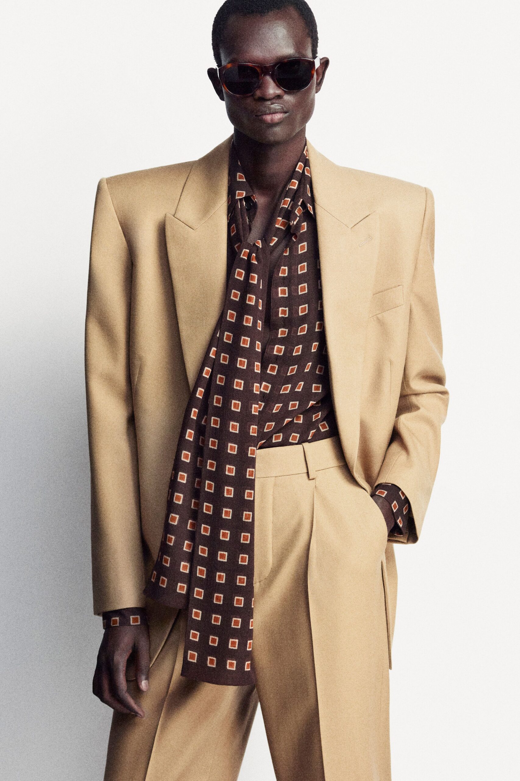 brown silk long-sleeve collared fitted printed shirt