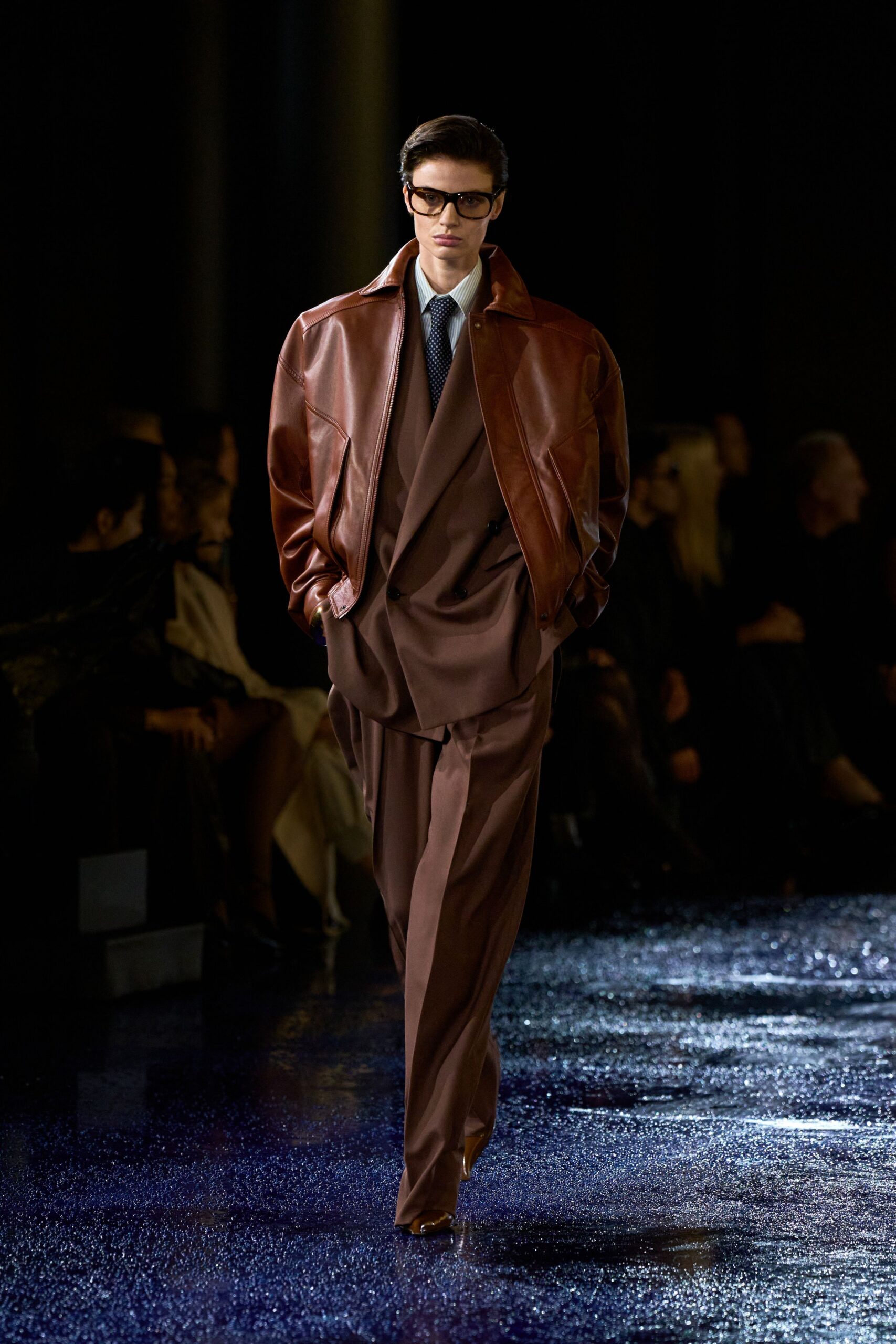 brown leather oversized jacket and suit