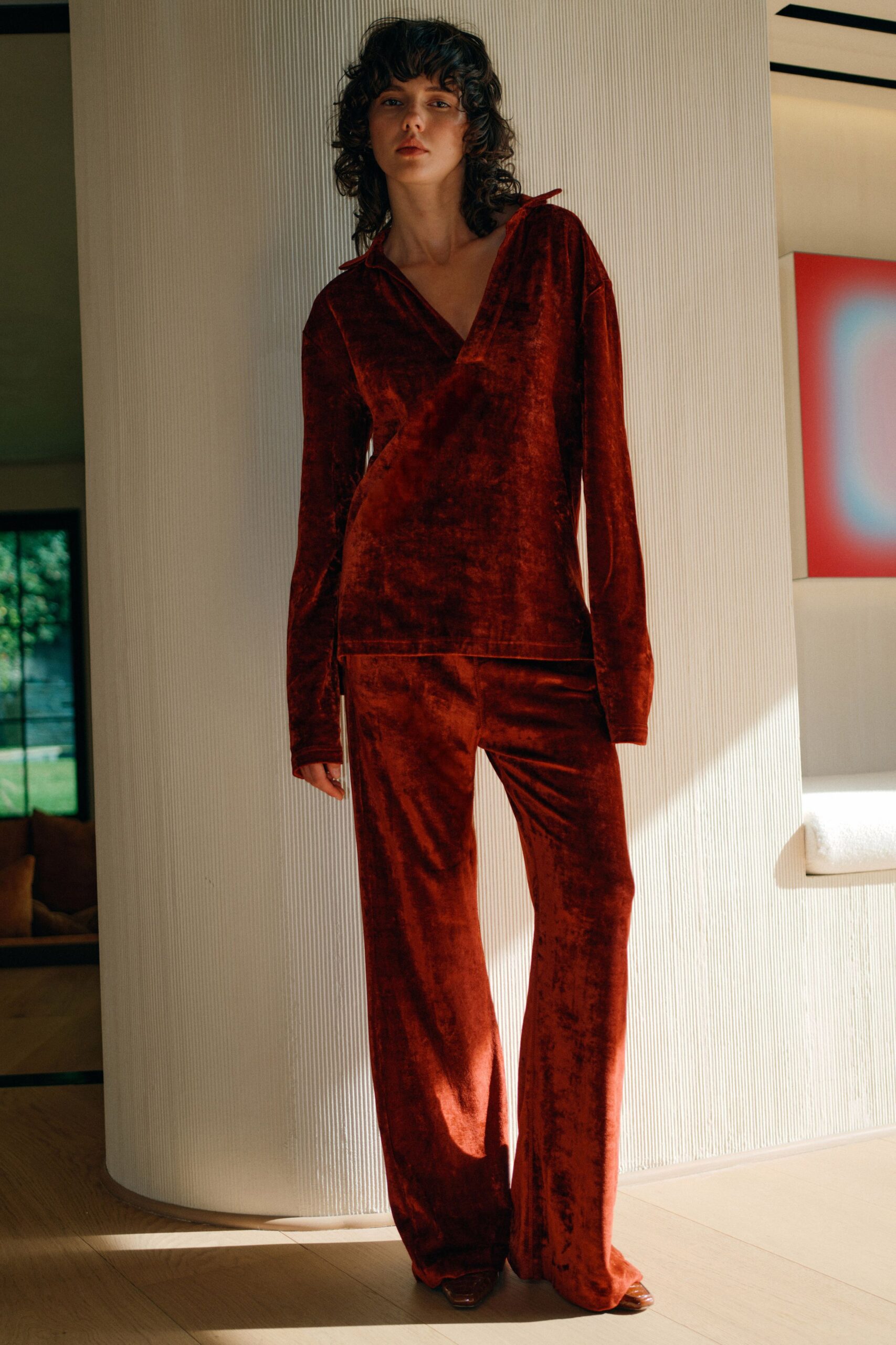 red velvet fitted top and pants