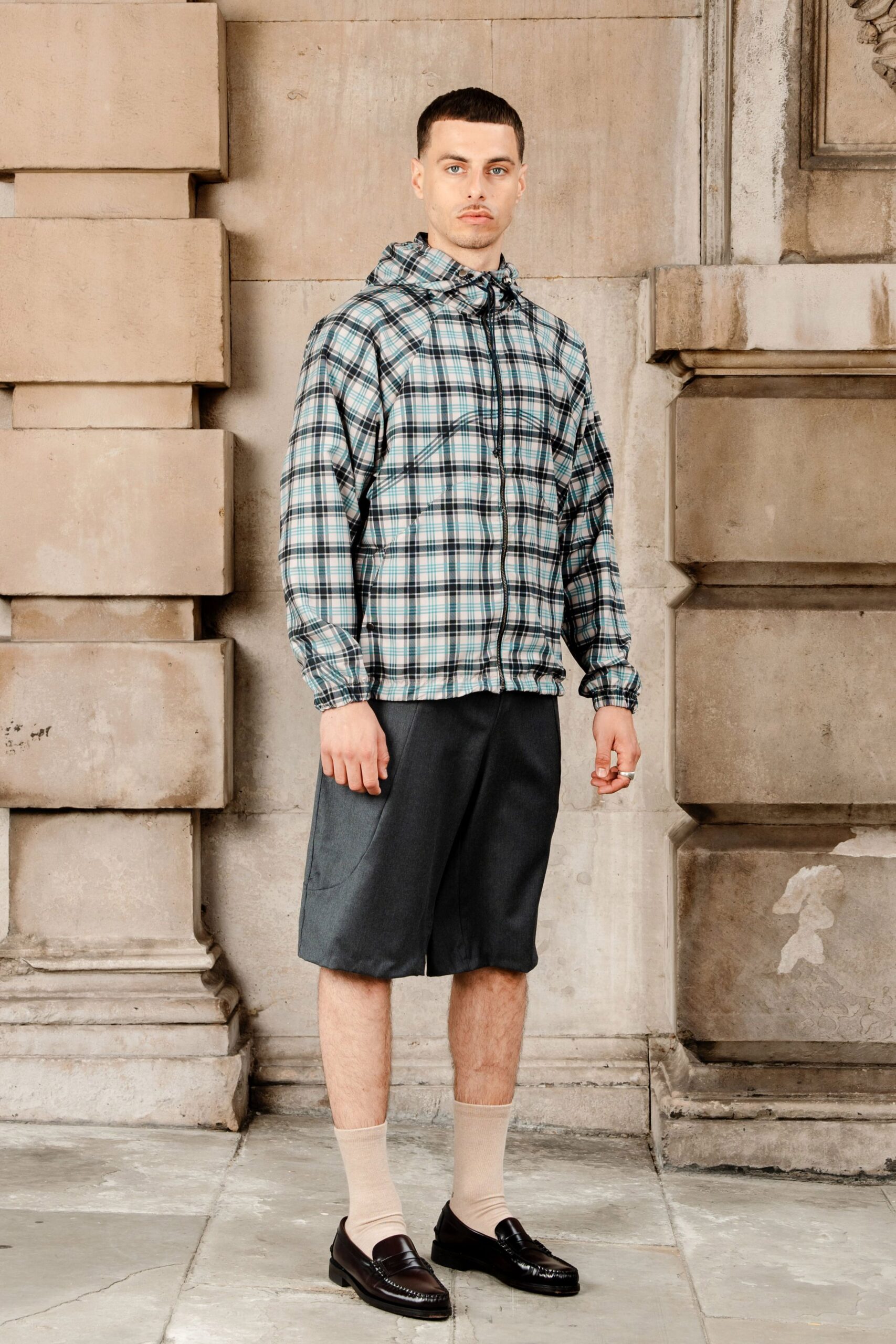relaxed checked jacket with shorts