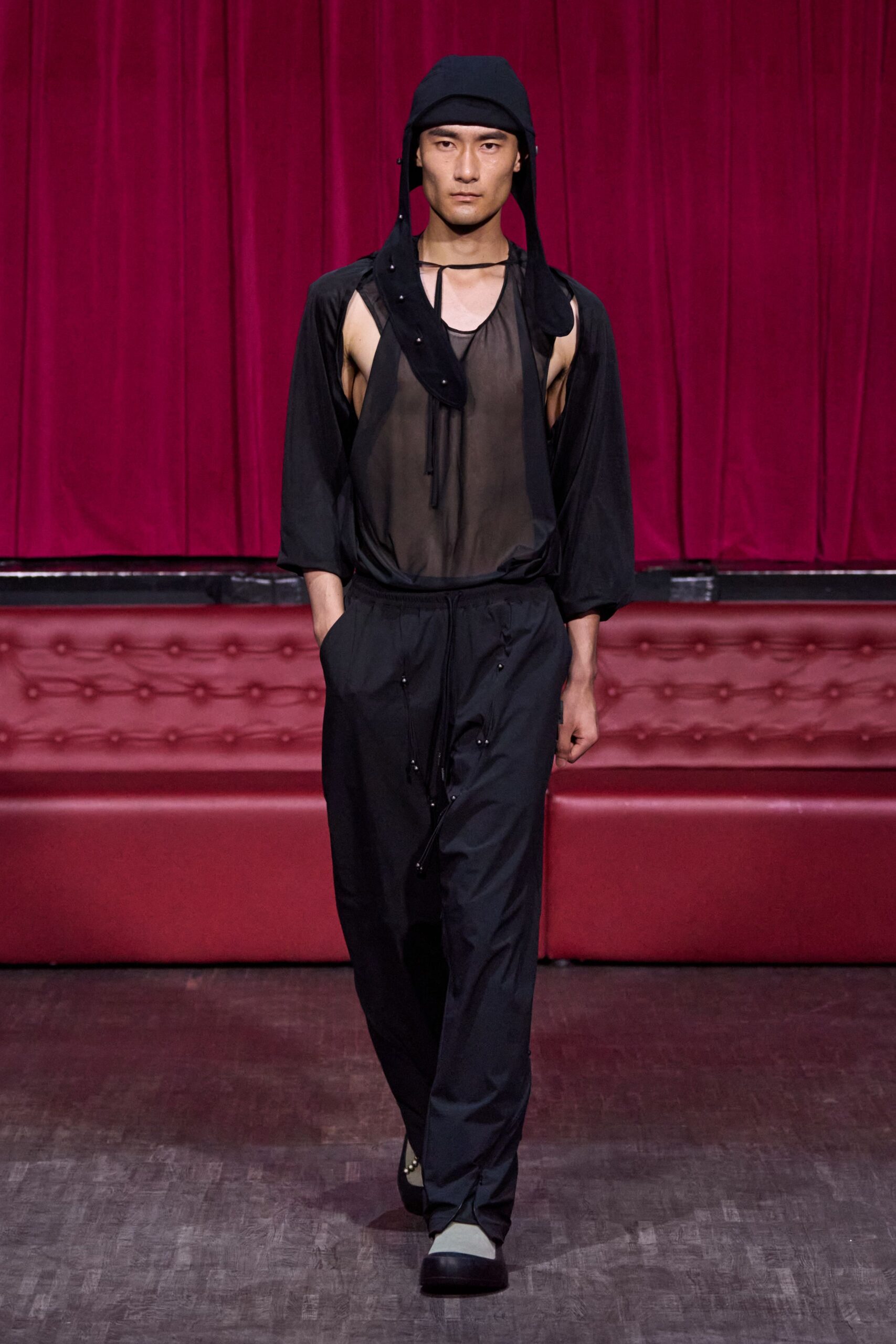 black sheer shirt with relaxed pants