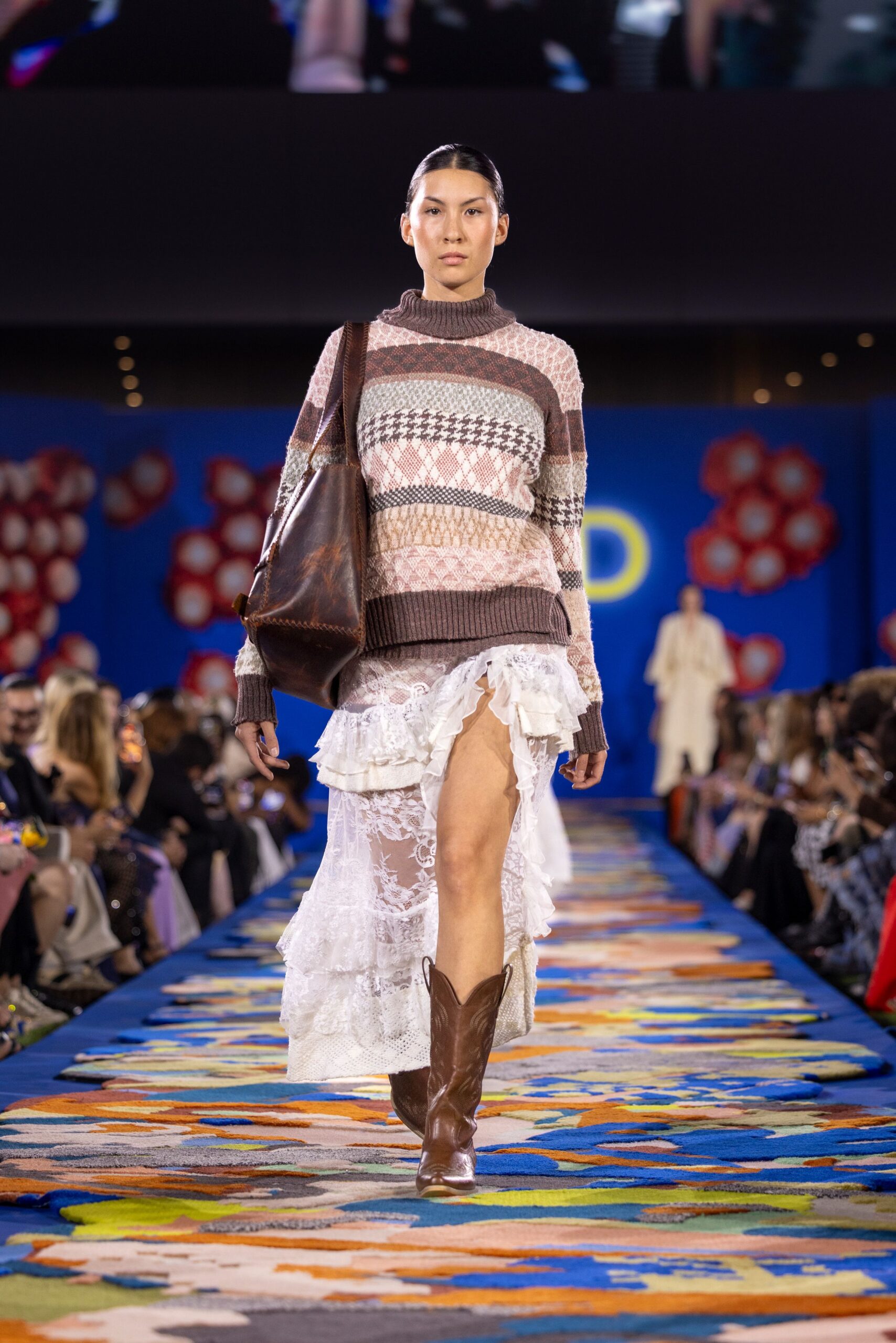 brown wool sweater with lace skirt