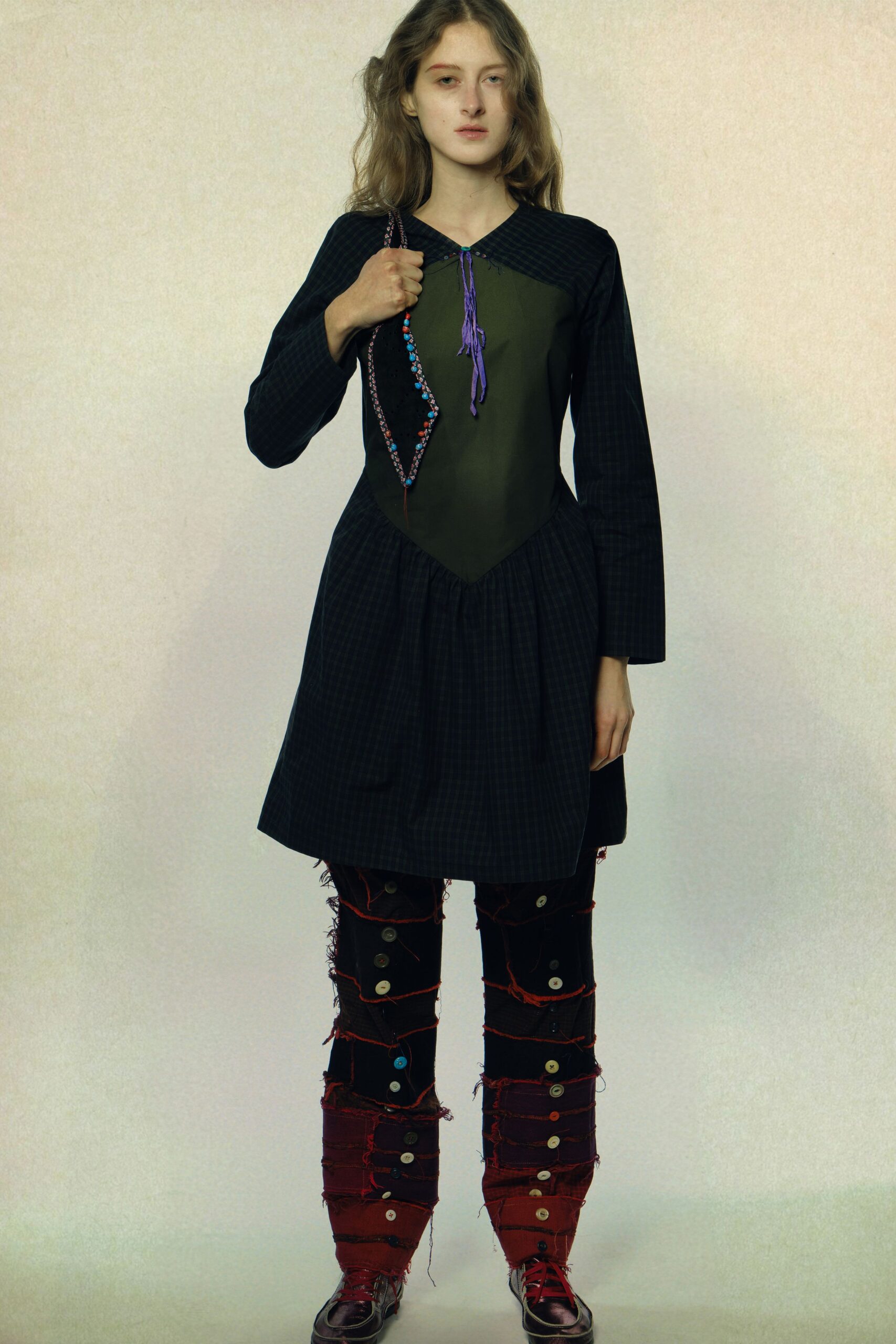 black cotton long-sleeve collared relaxed pleated layered dress