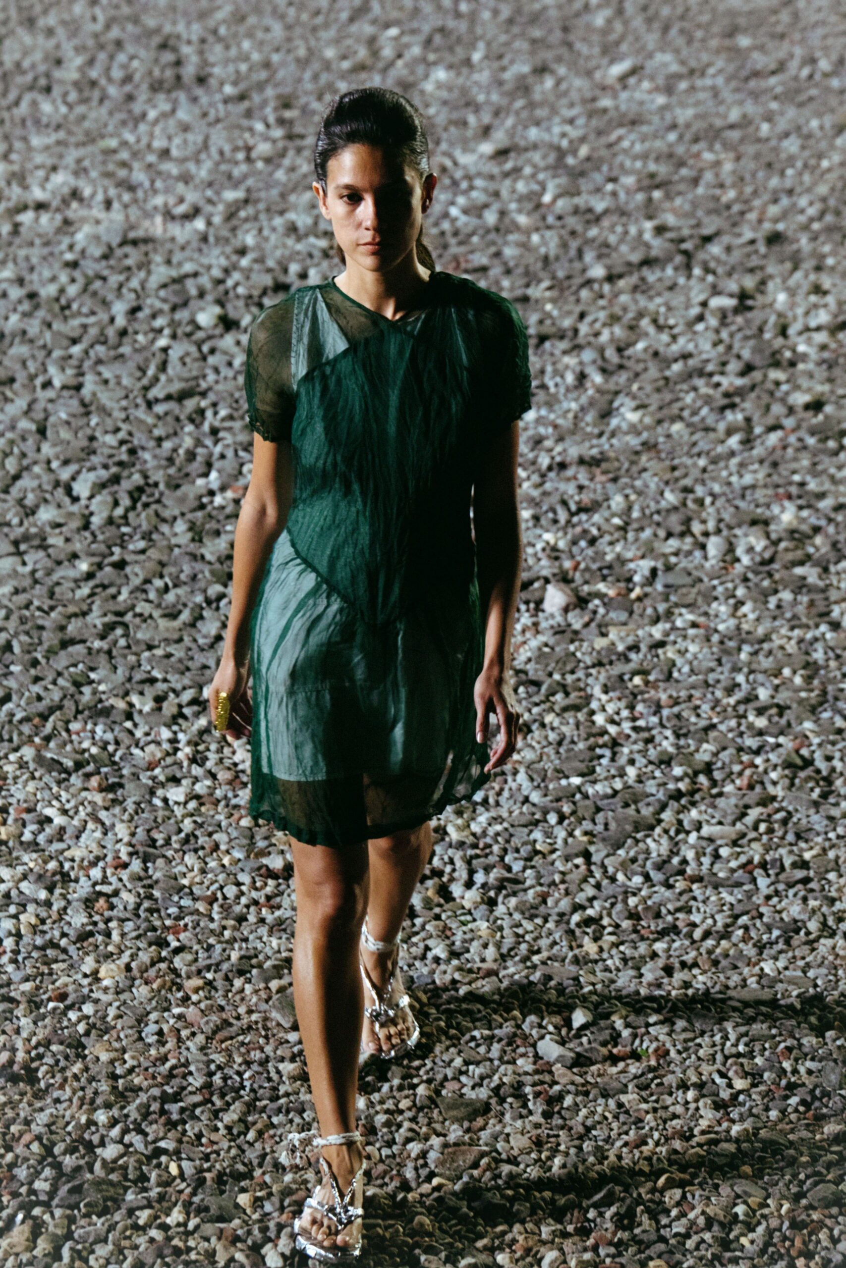 green silk sleeveless v-neck fitted layered flowing dress