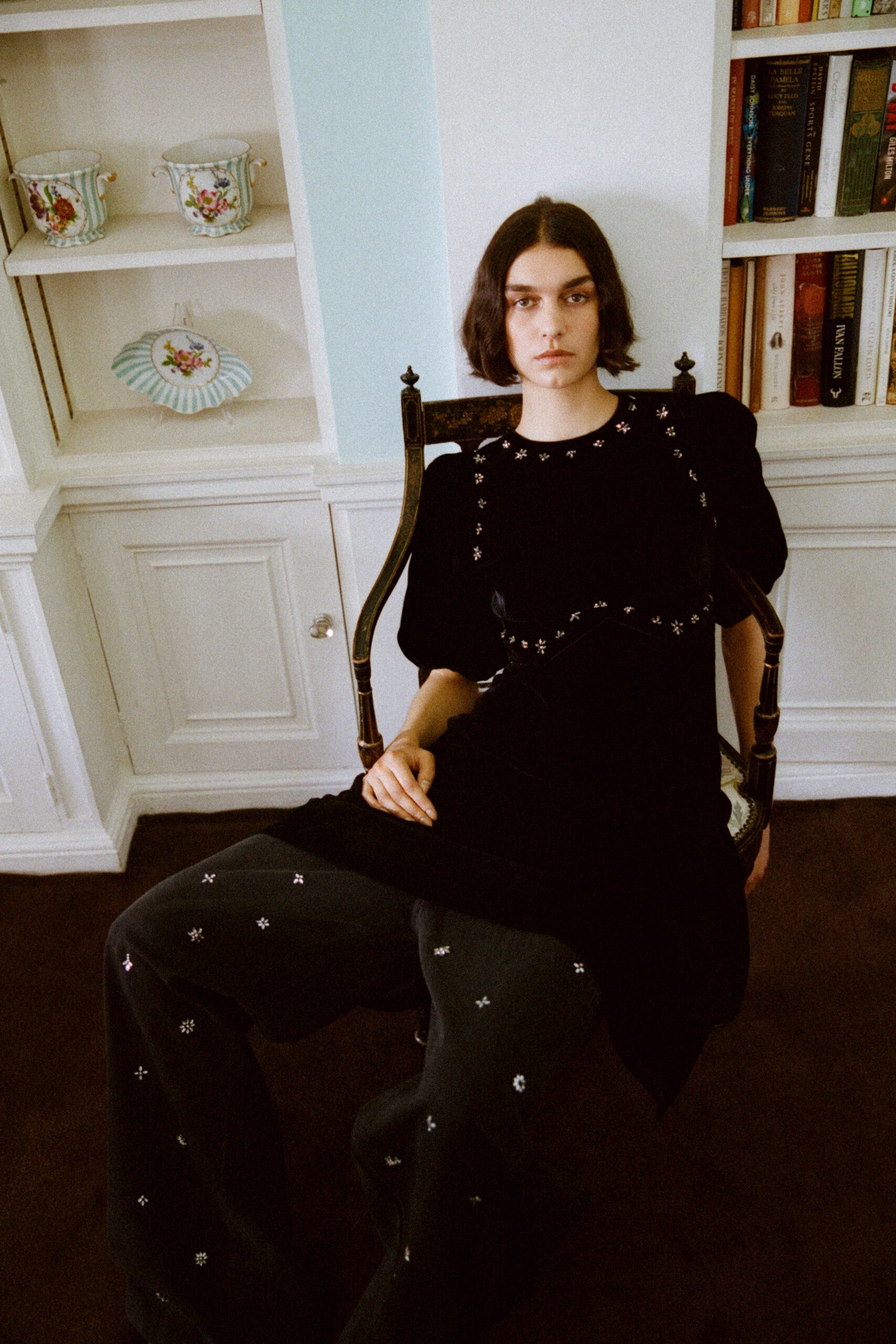 black velvet midi dress and relaxed pants