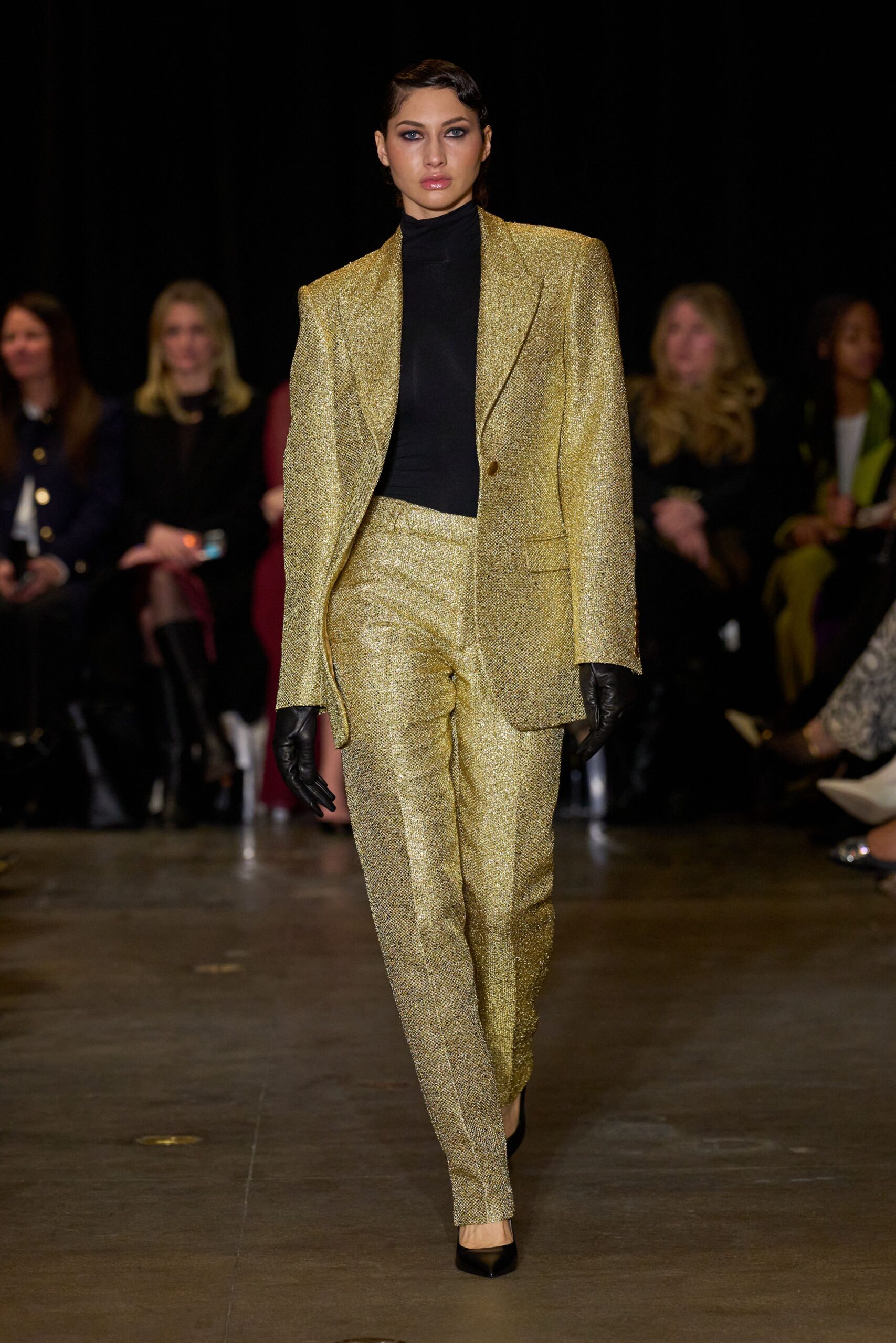 gold metallic long-sleeve collared tailored buttoned zippered suit