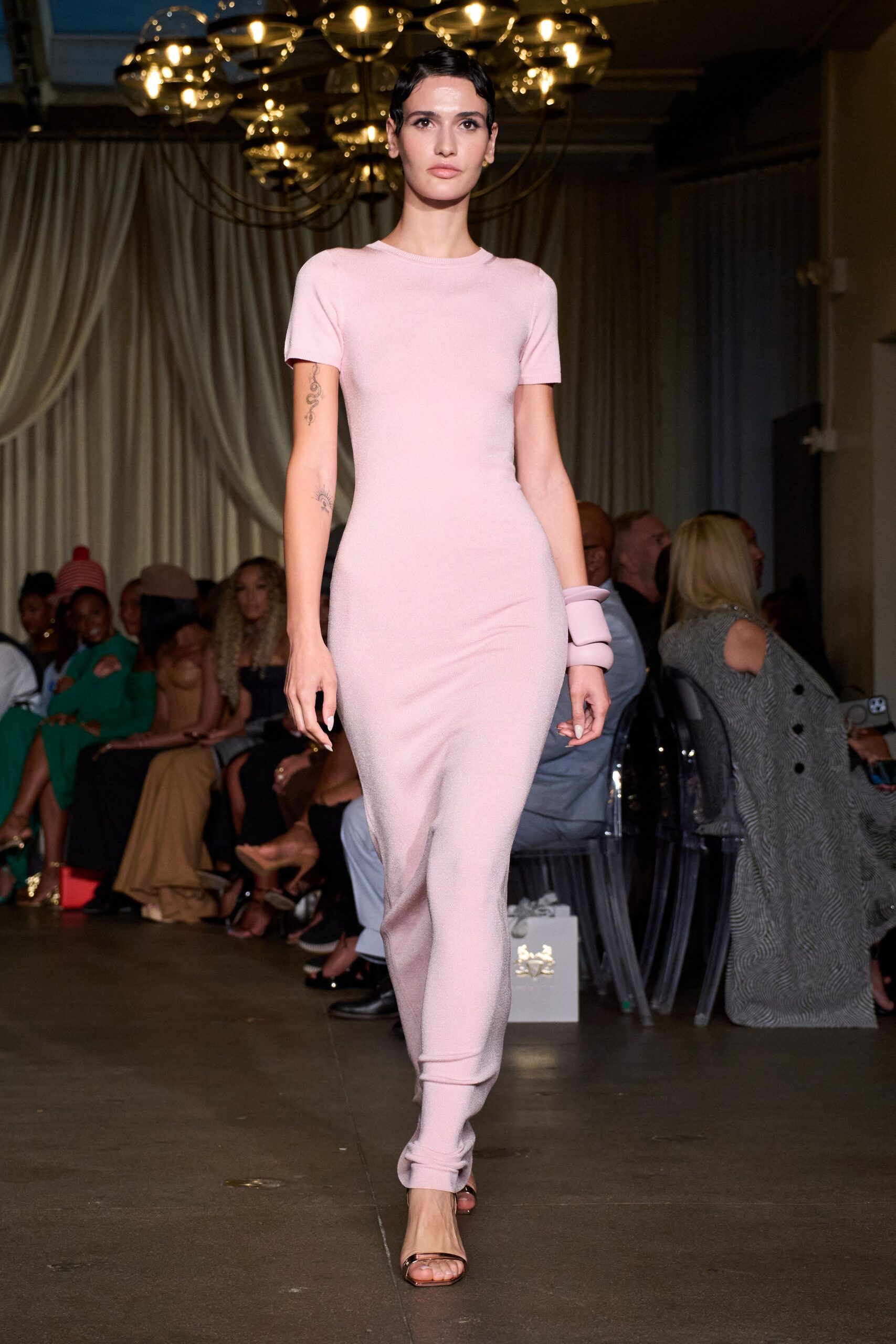 fitted pink midi dress with strappy shoes