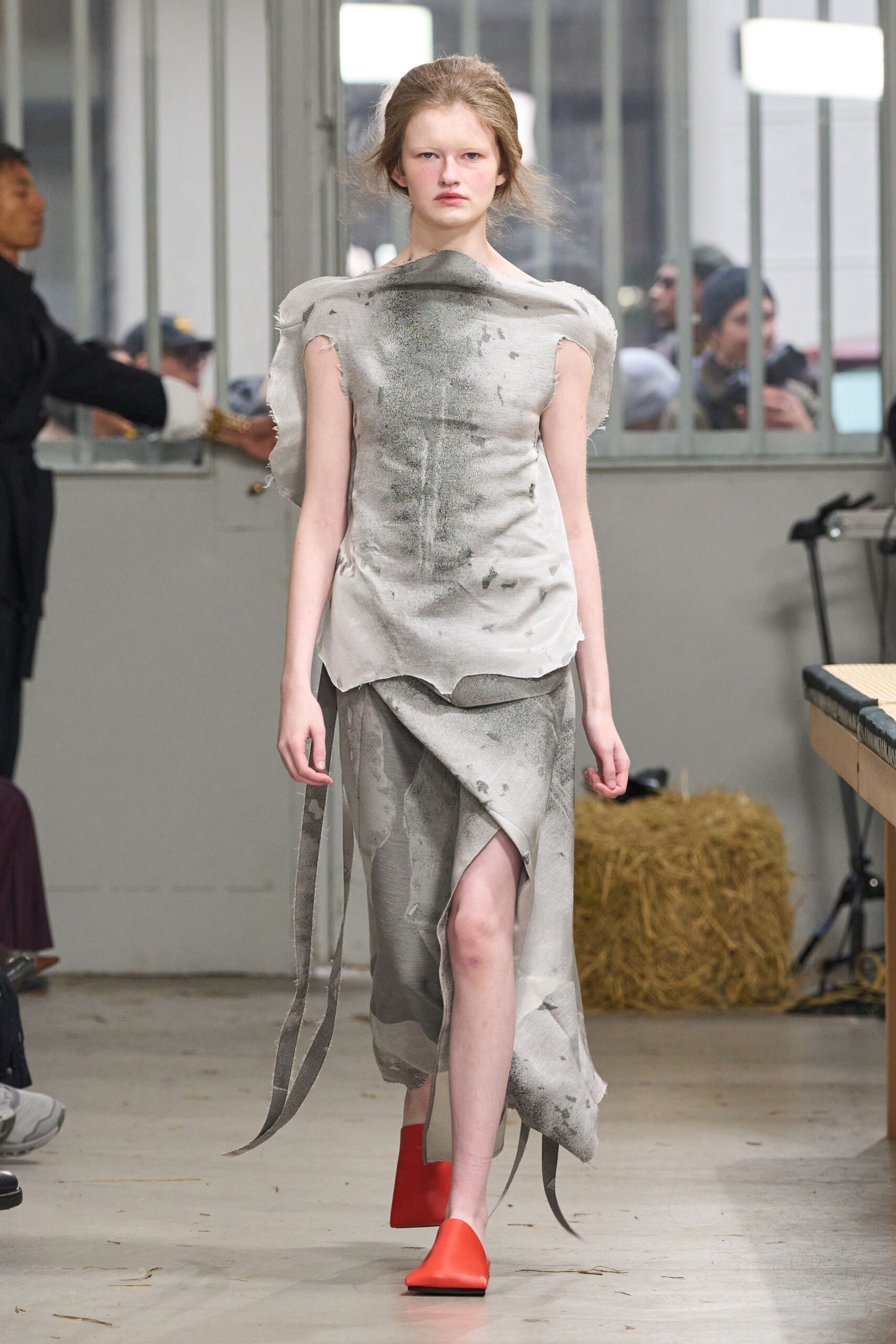 gray silk sleeveless high-neck fitted draped flowing dress