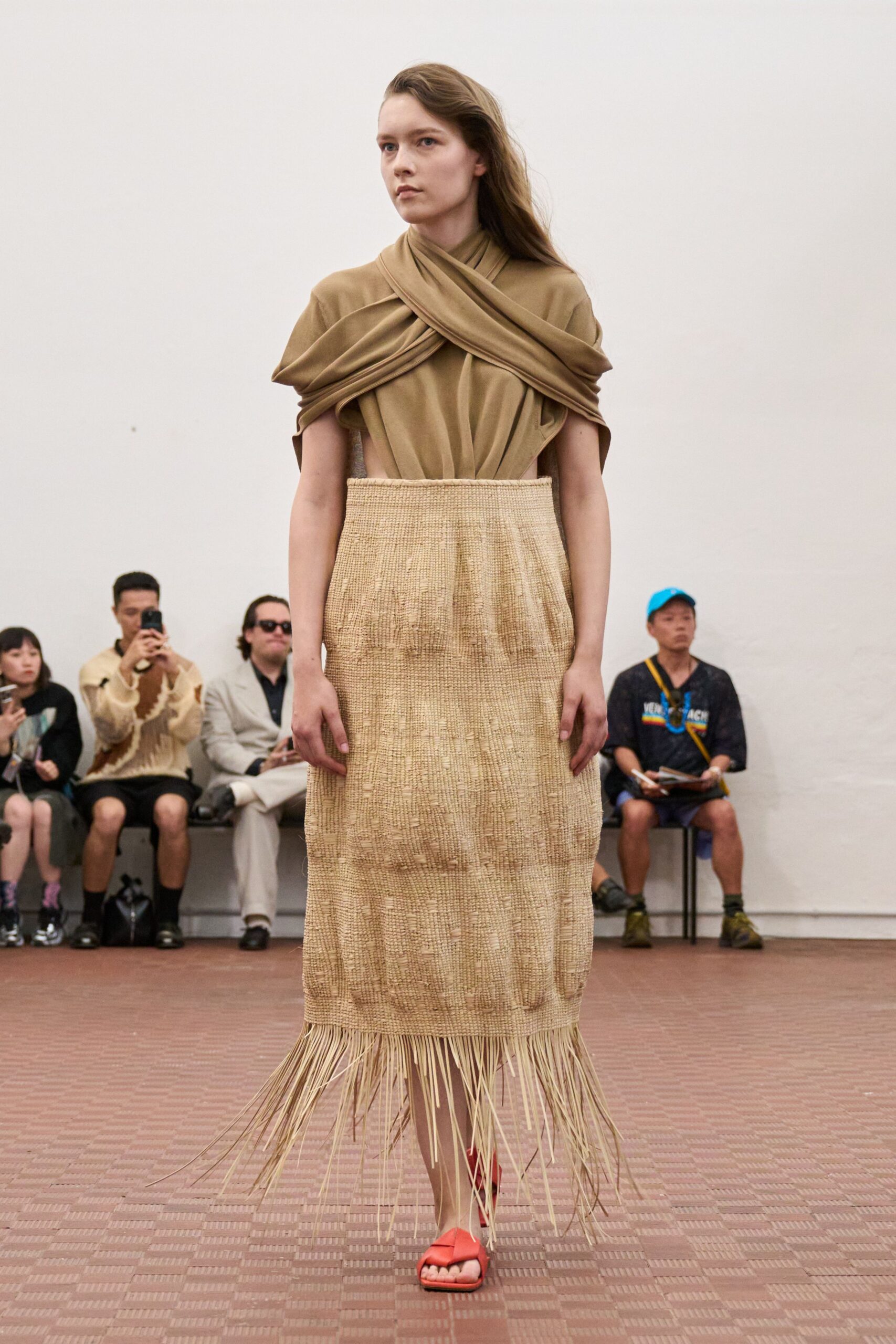 tan fitted fringed midi skirt