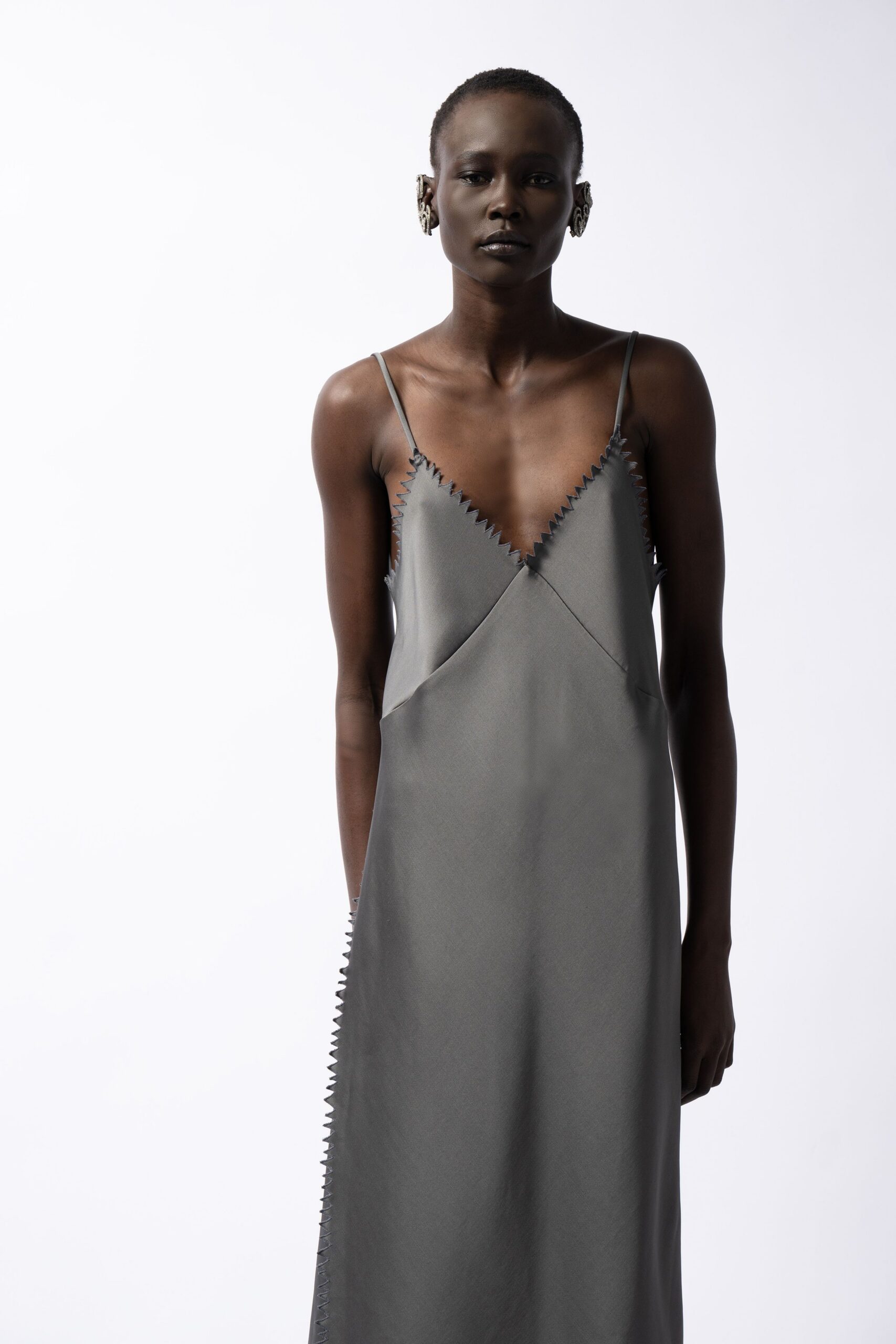 fitted gray silk maxi dress