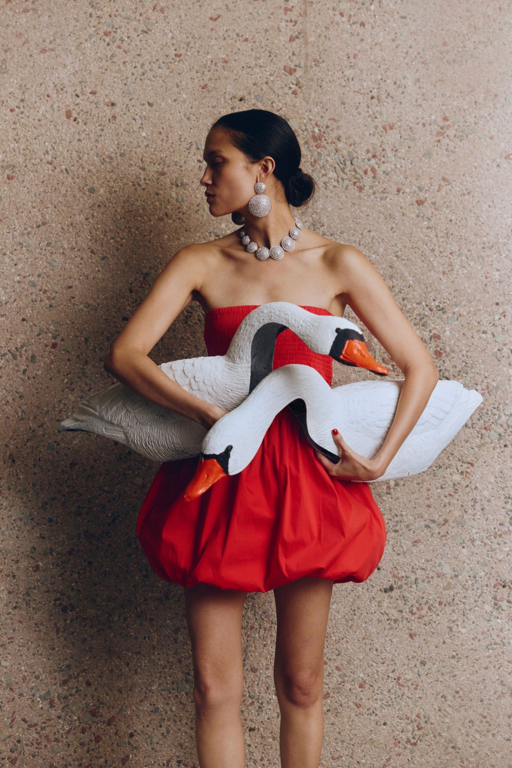 red strapless ruffled mini dress