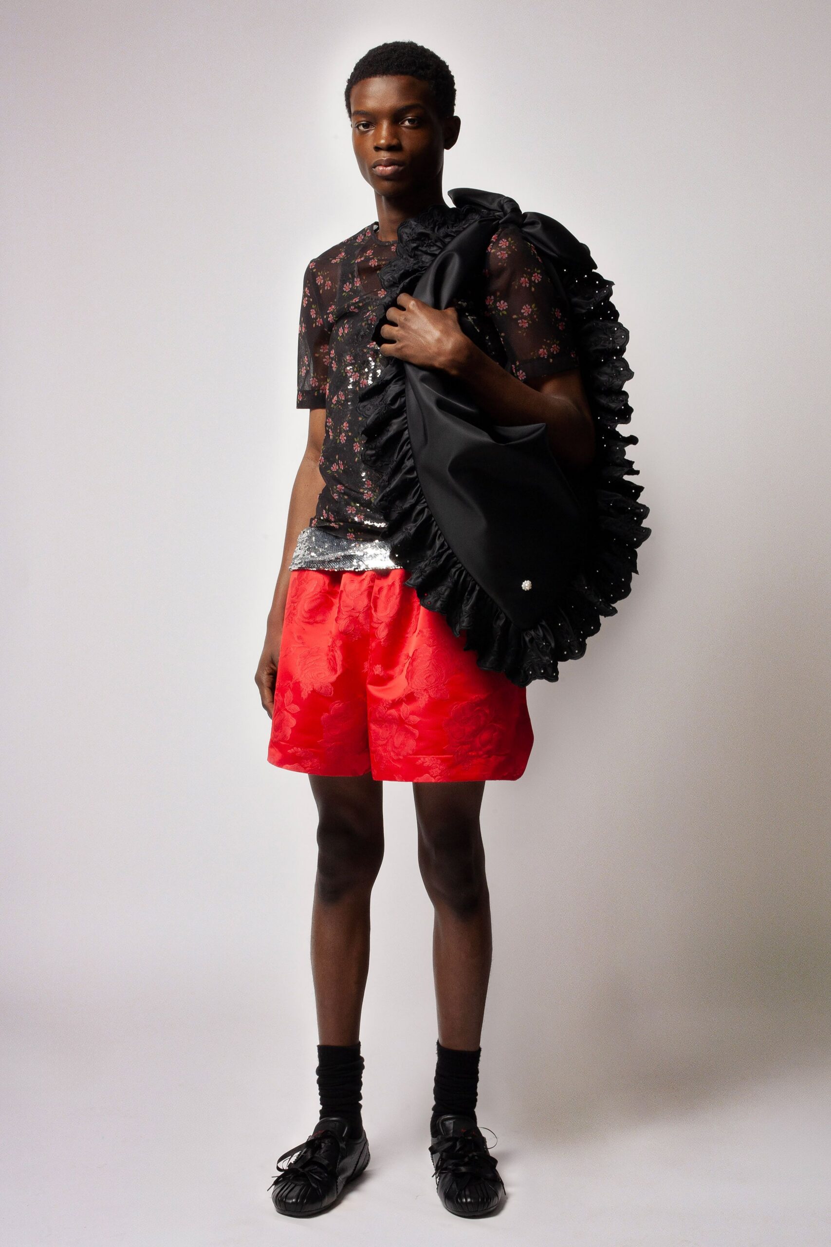 red silk relaxed pleated short shorts