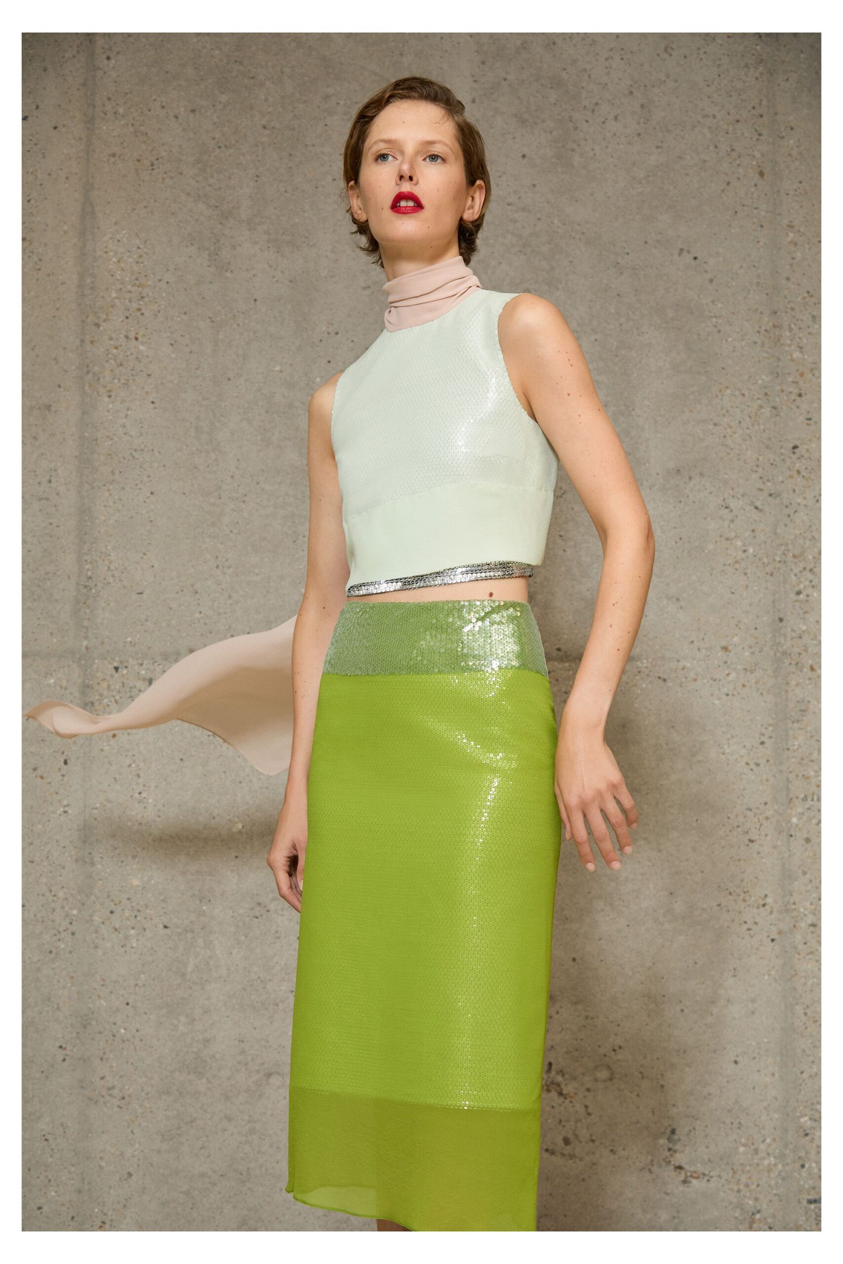 green silk fitted sequined straight-leg sheer midi skirt