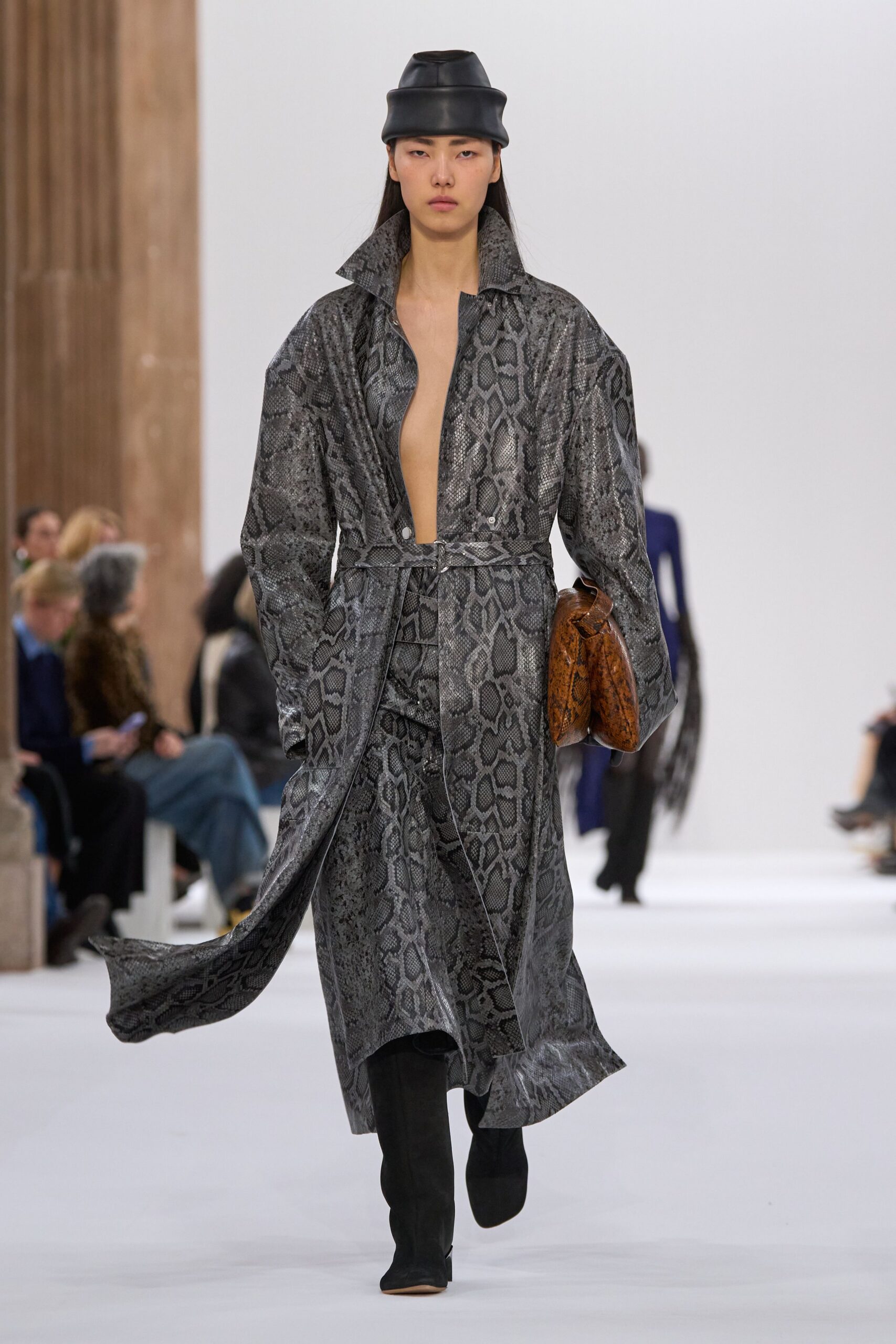 gray leather long-sleeve collared relaxed animal-print belted coat