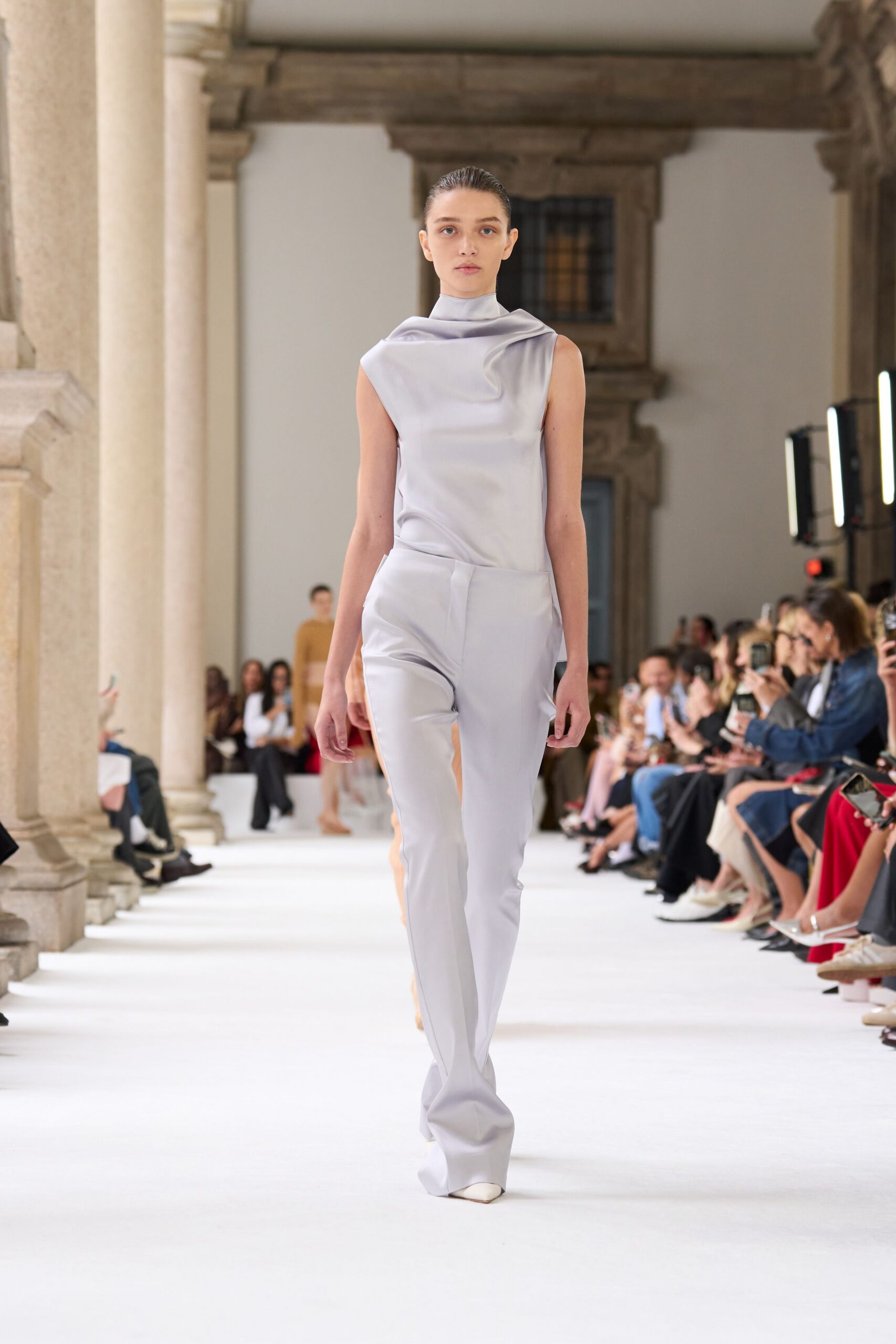 gray silk sleeveless high-neck fitted straight-leg jumpsuit