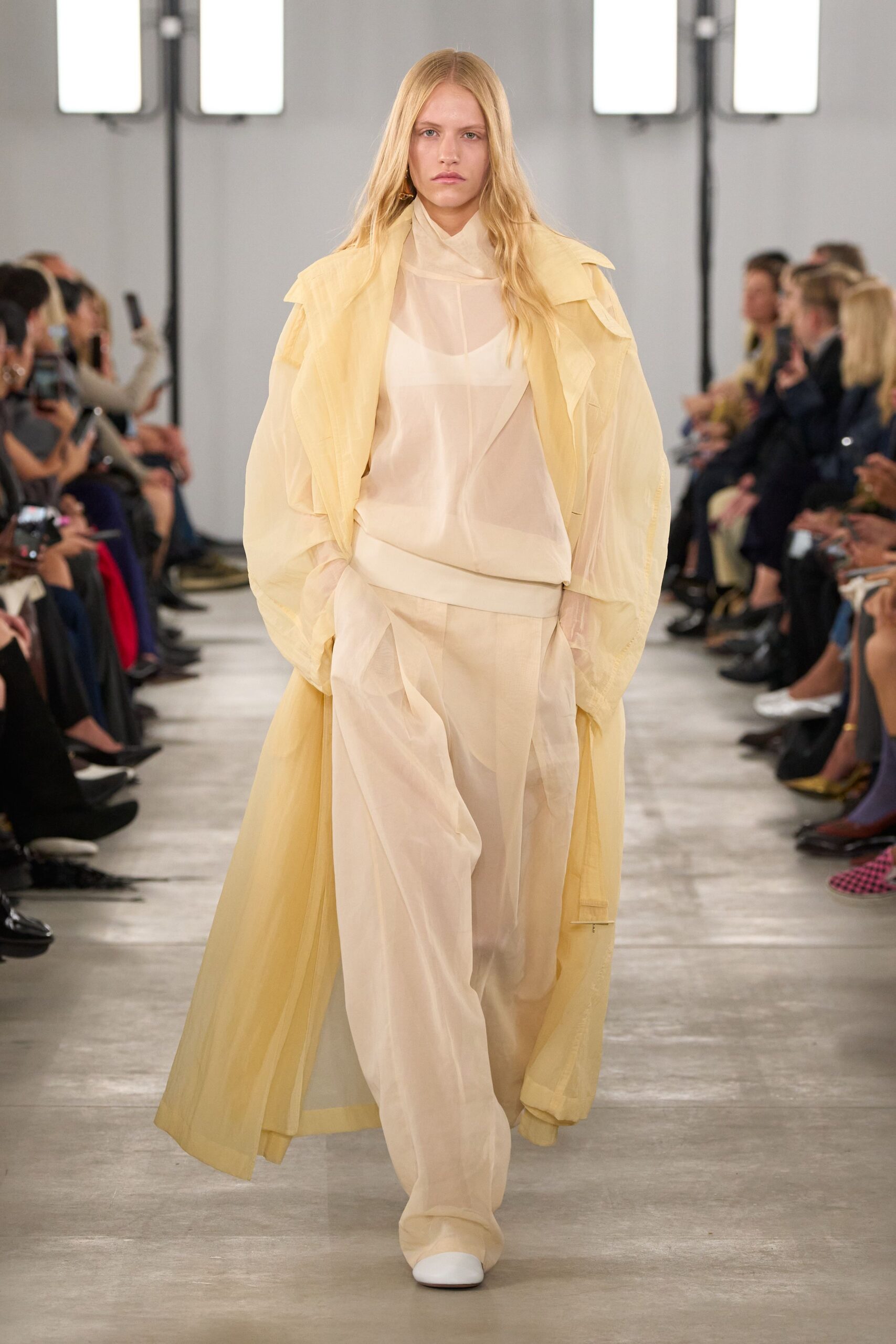 yellow chiffon long-sleeve collared relaxed layered flowing coat