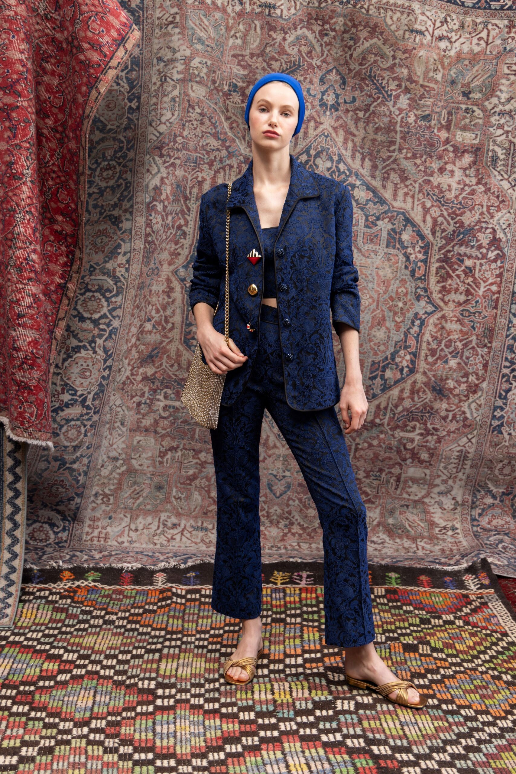 blue embroidered blazer with tailored pants