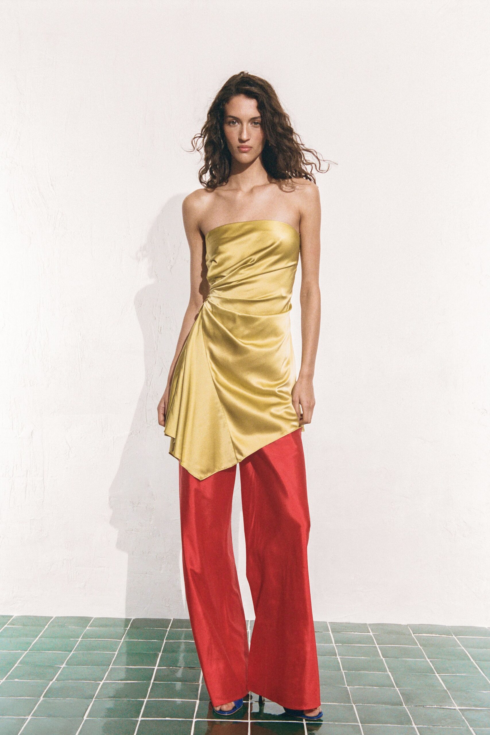 yellow silk strapless fitted draped top