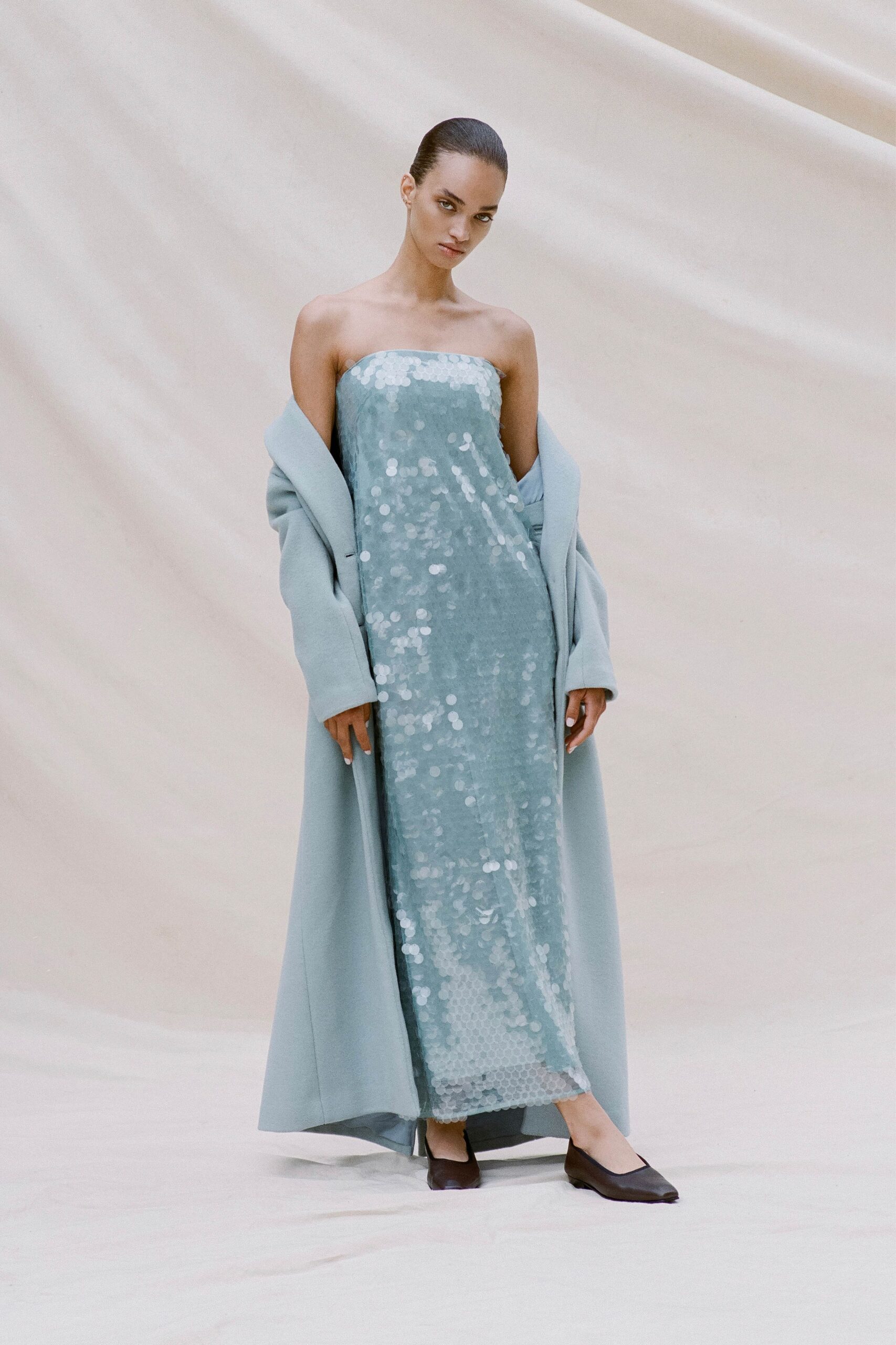 blue sequin strapless fitted shiny maxi gown