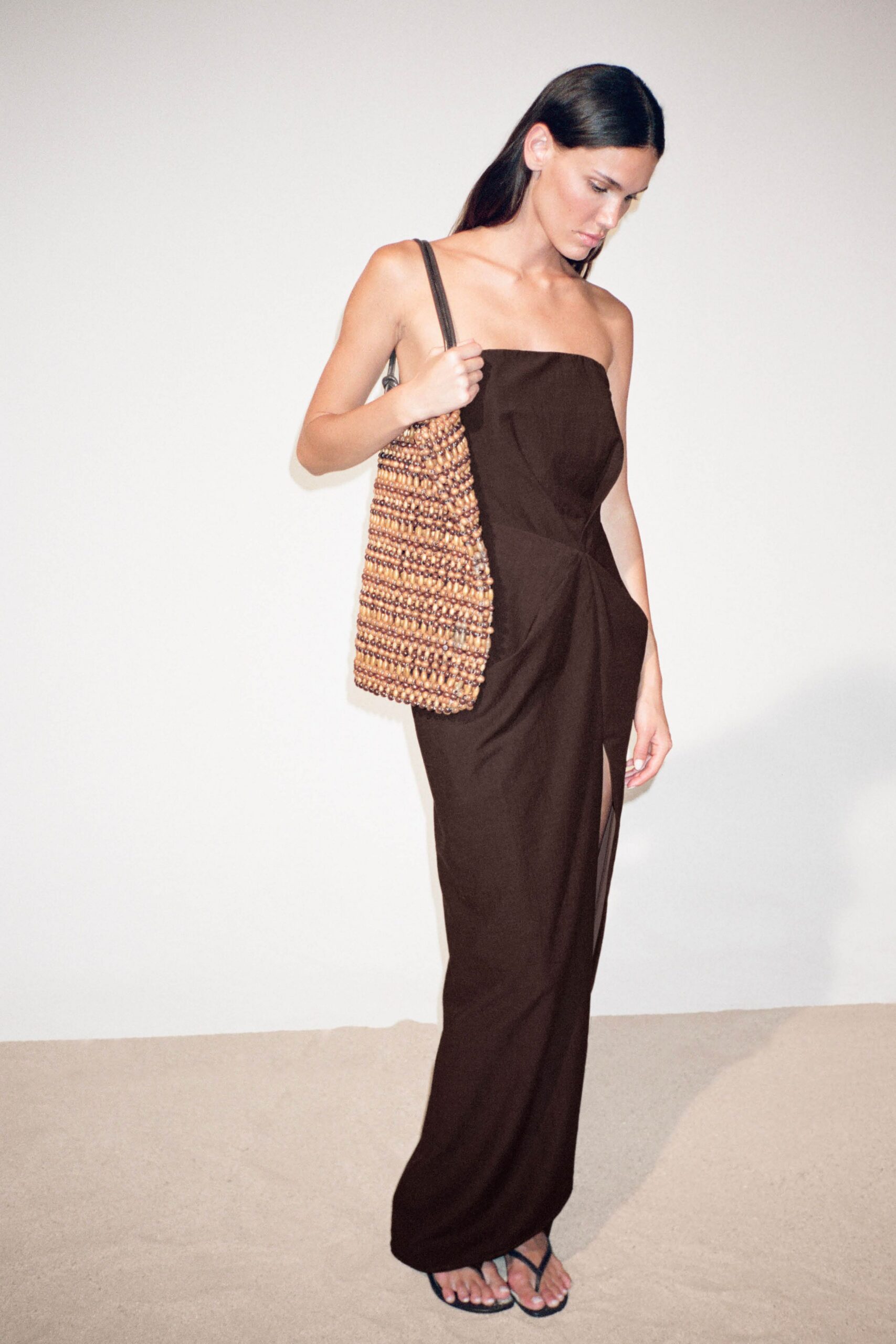 brown cotton strapless slit fitted draped maxi gown
