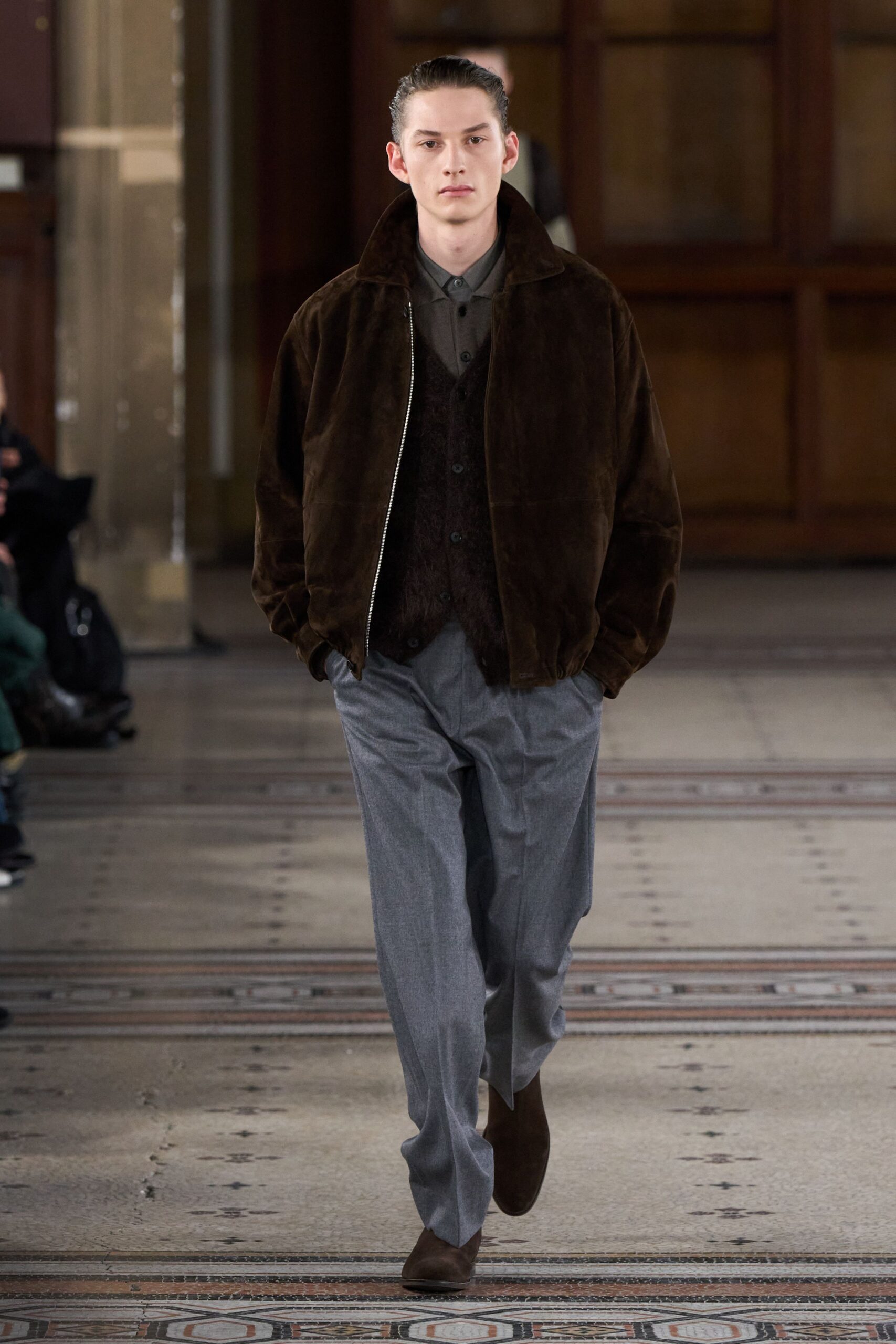 brown suede jacket with gray vest