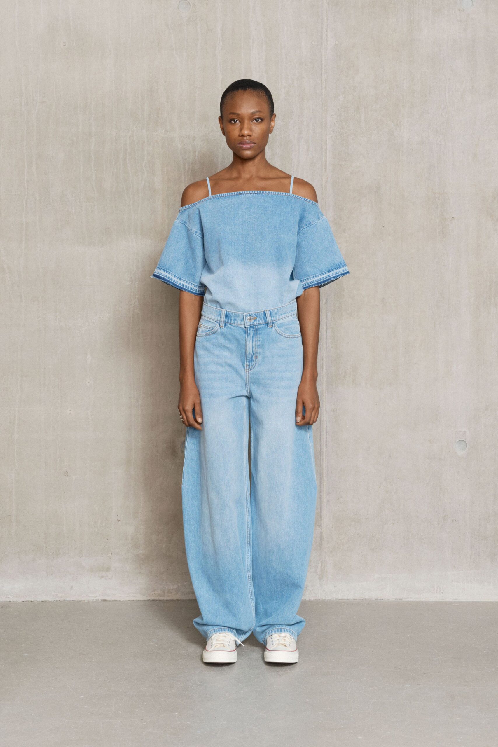 blue denim short-sleeve off-shoulder relaxed embroidered top