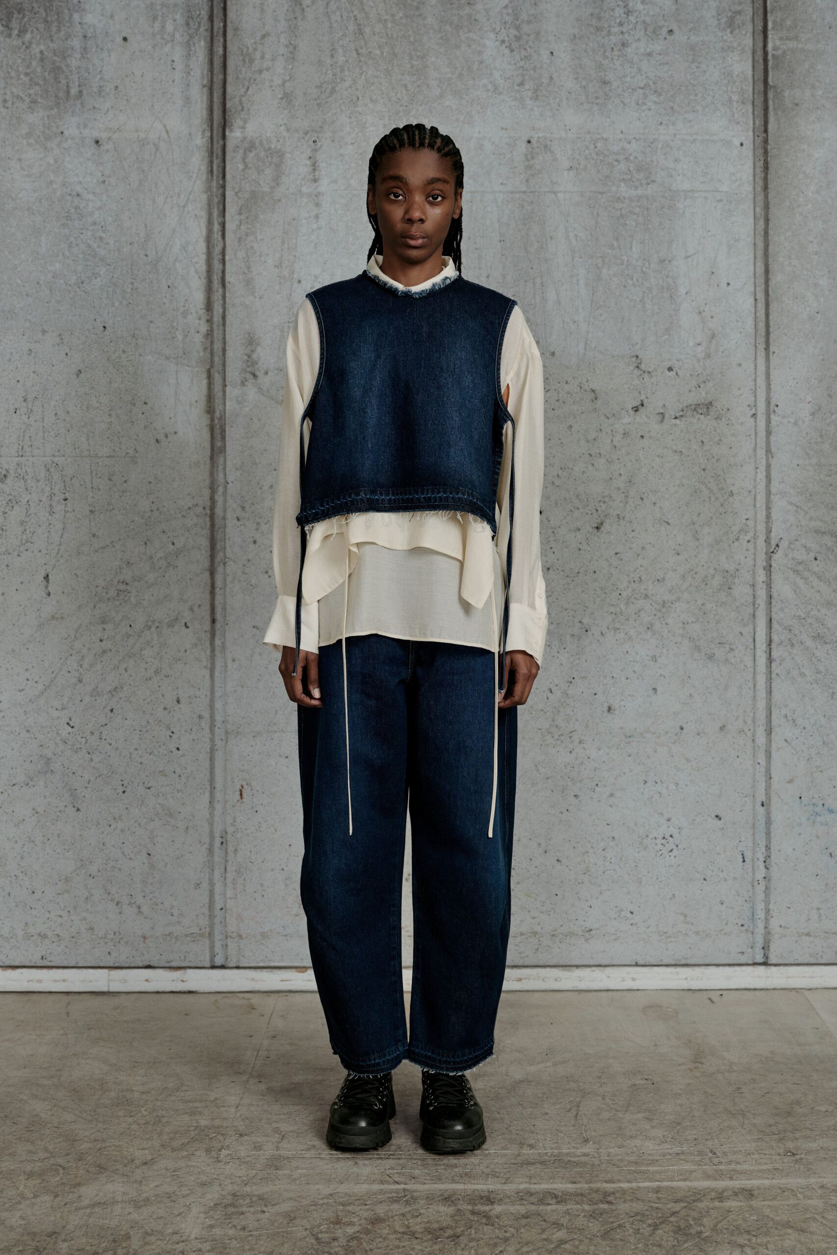 blue denim sleeveless relaxed layered vest