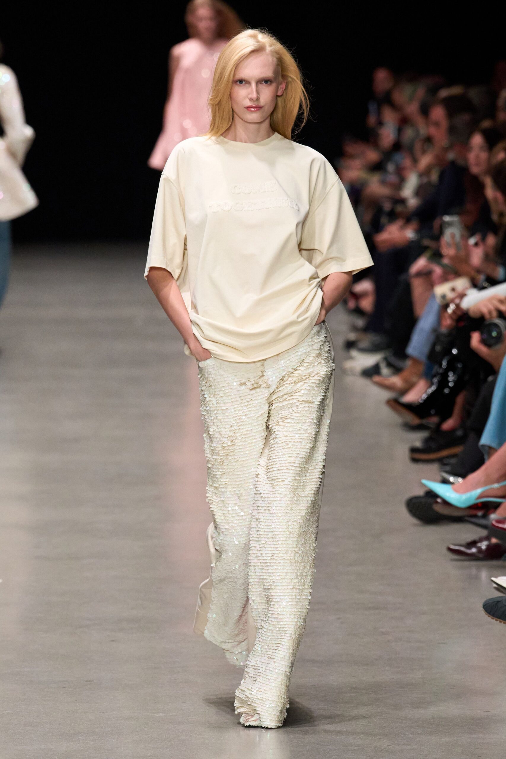 white silk fitted pleated shiny pants
