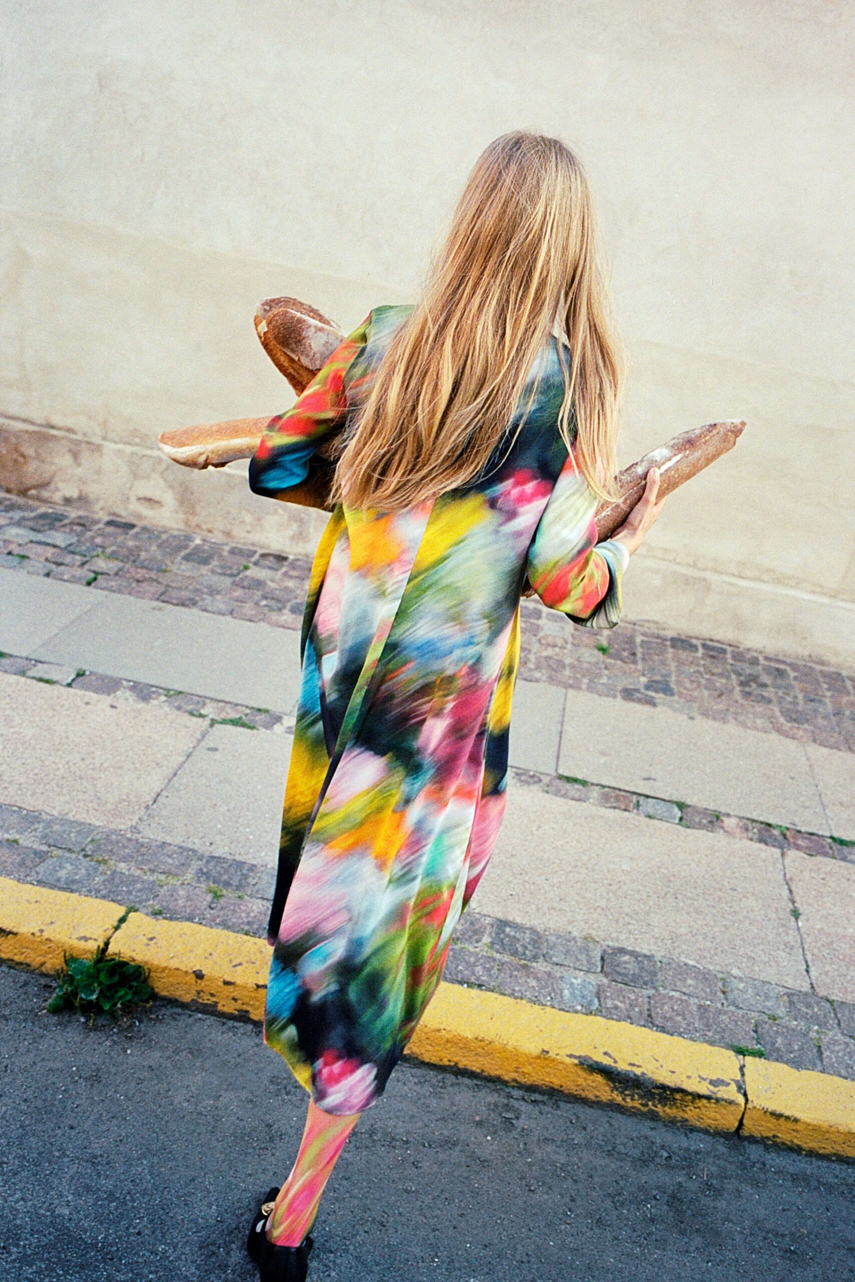 multi silk long-sleeve collared relaxed printed flowing dress