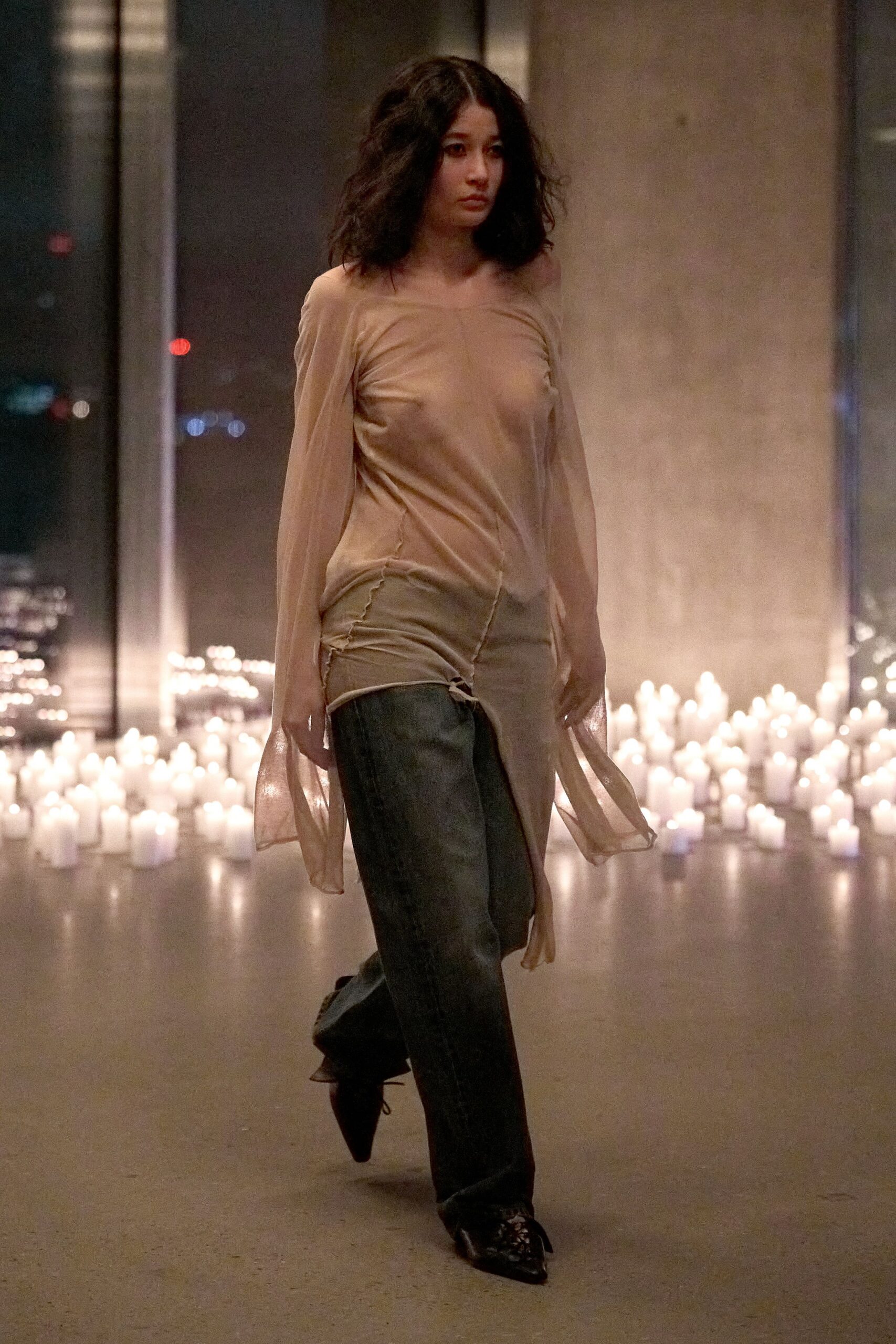 beige silk long-sleeve v-neck fitted sheer flowing top