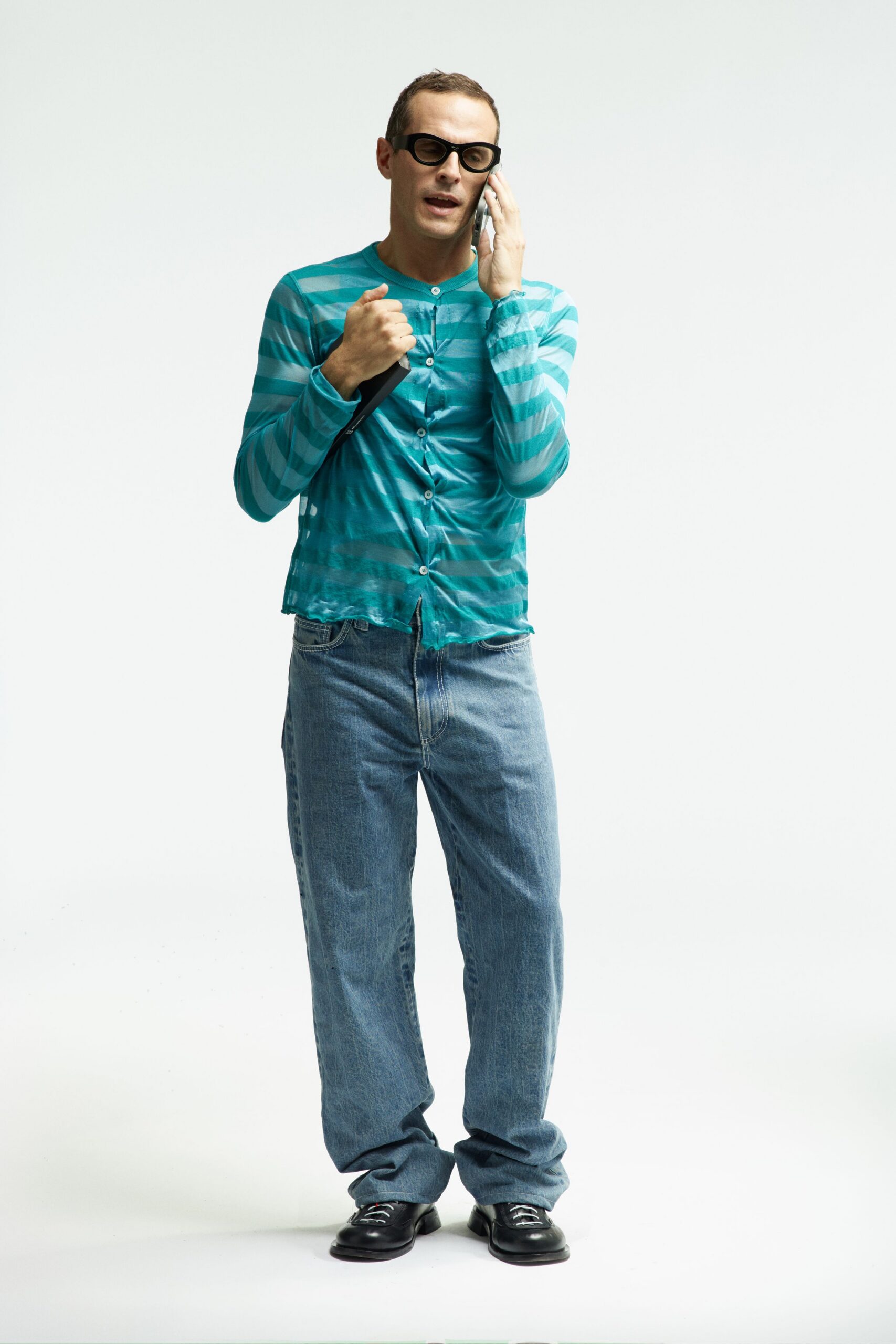 teal cotton long-sleeve collared relaxed striped shirt