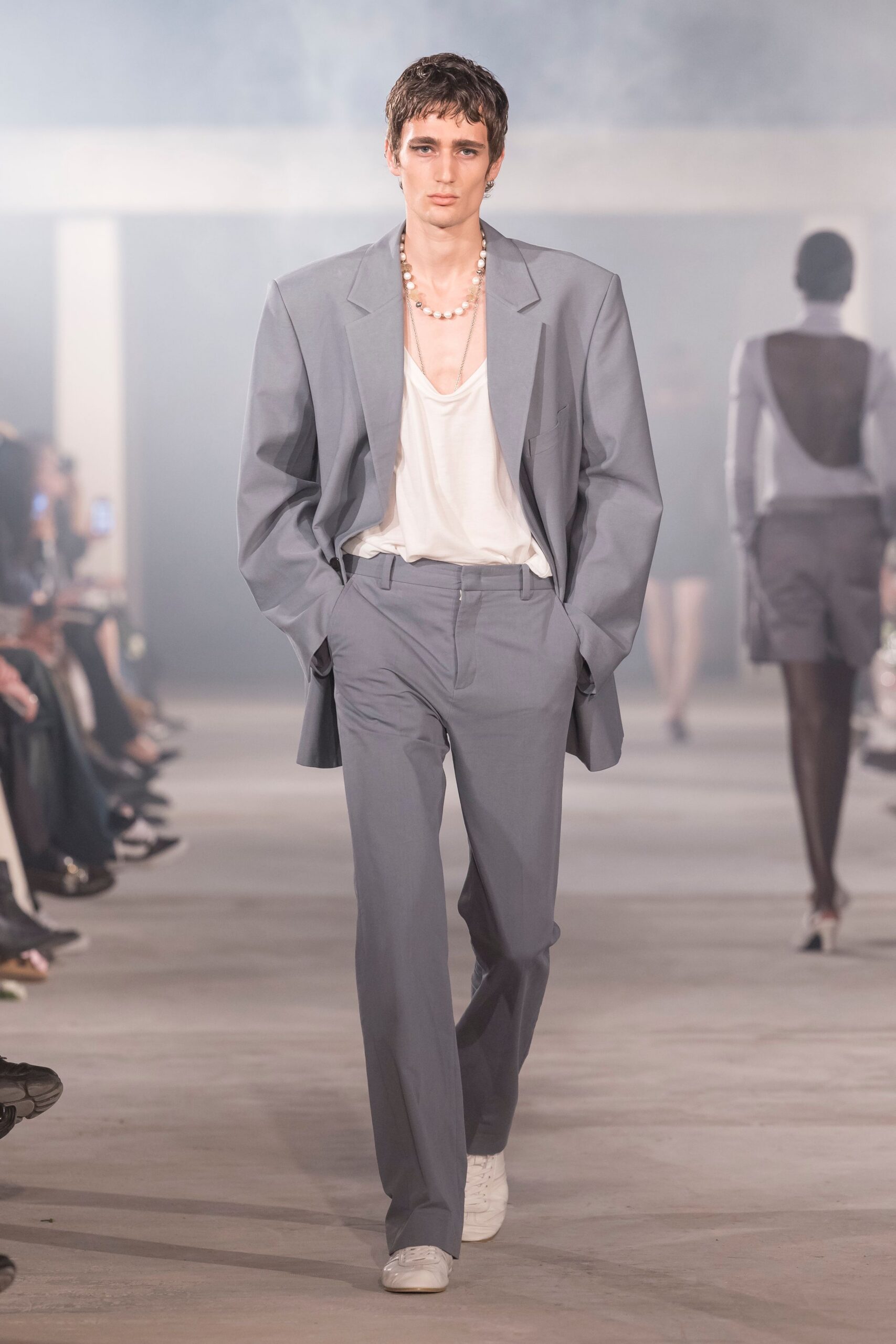 gray blazer white shirt tailored pants