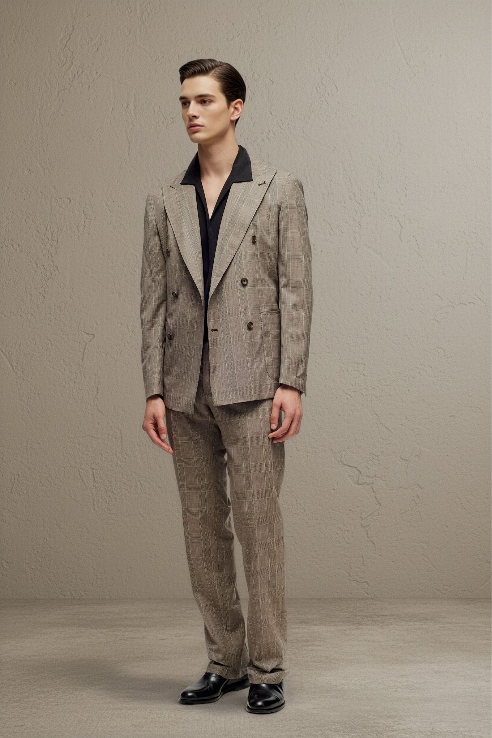 beige cotton long-sleeve collared tailored checked buttoned suit