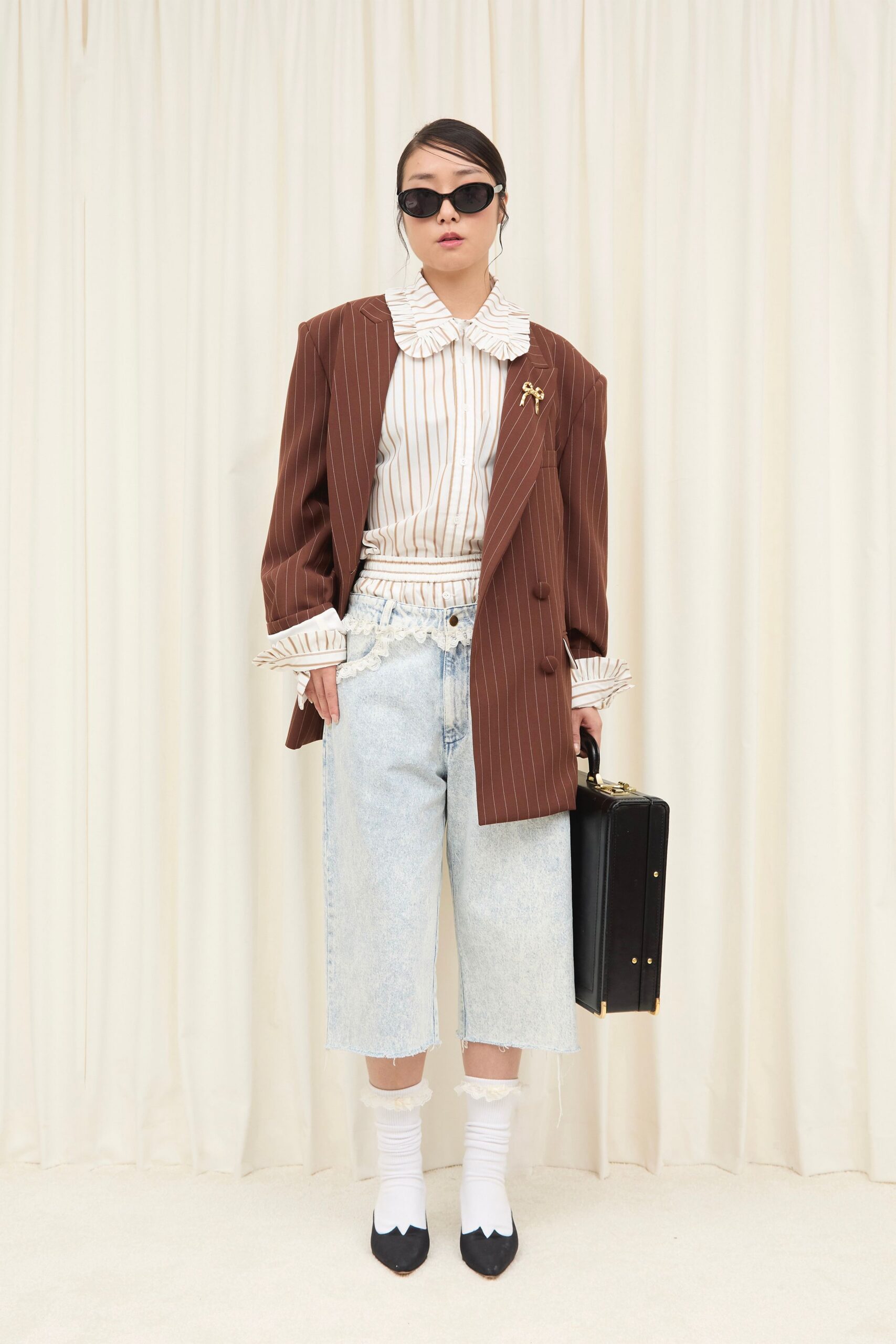 brown striped tailored blazer