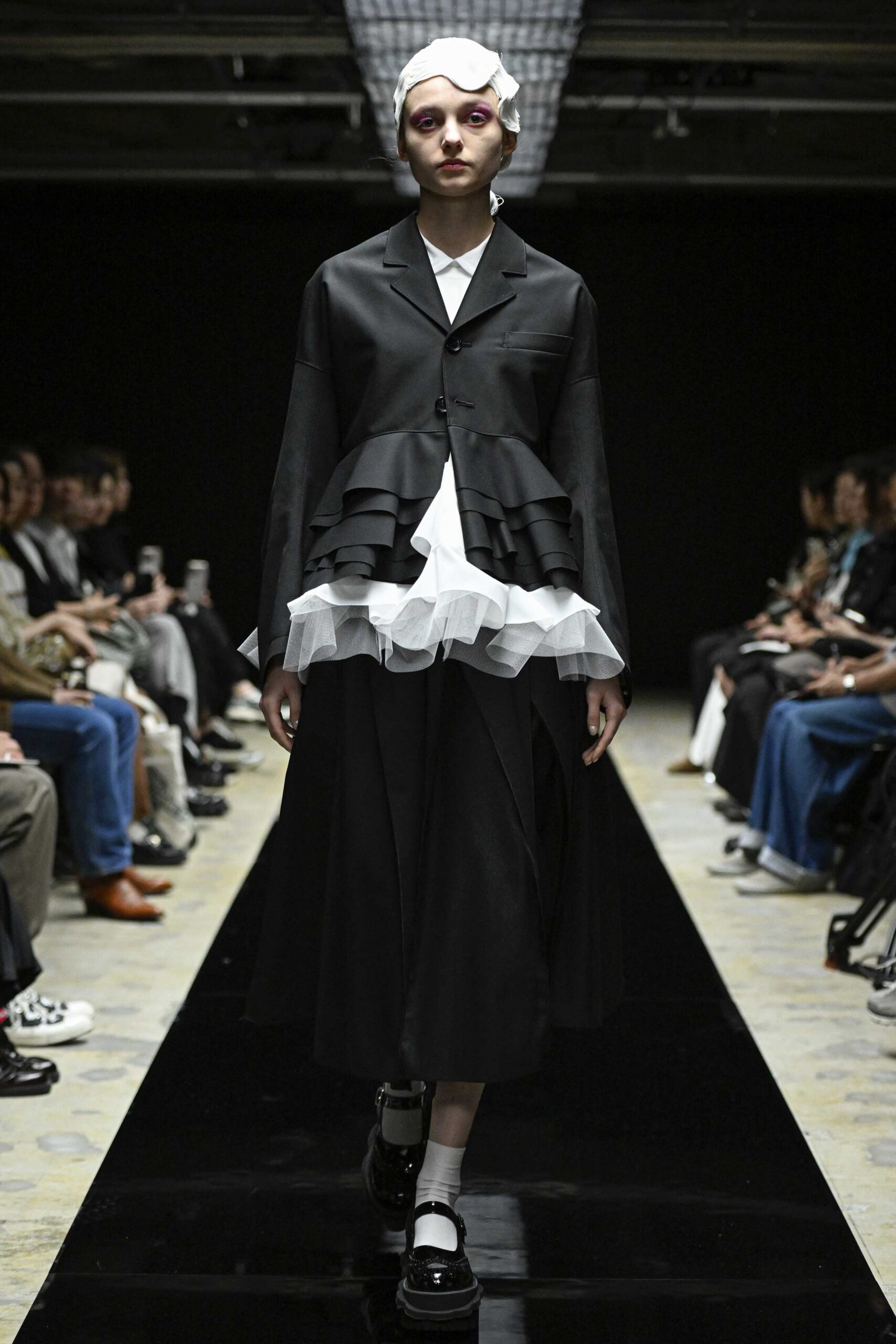 black cotton long-sleeve collared structured layered blazer