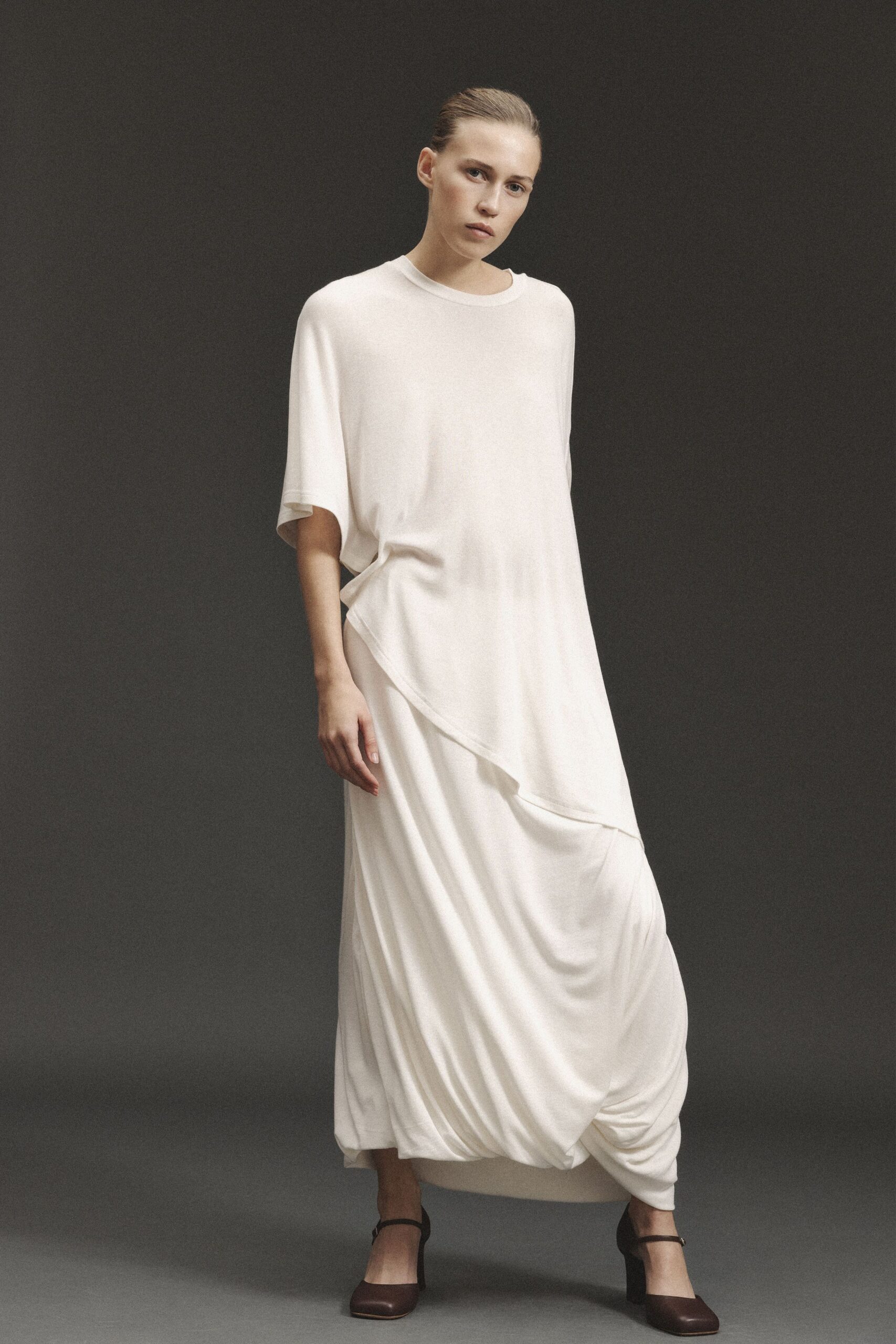 white relaxed maxi dress with brown shoes