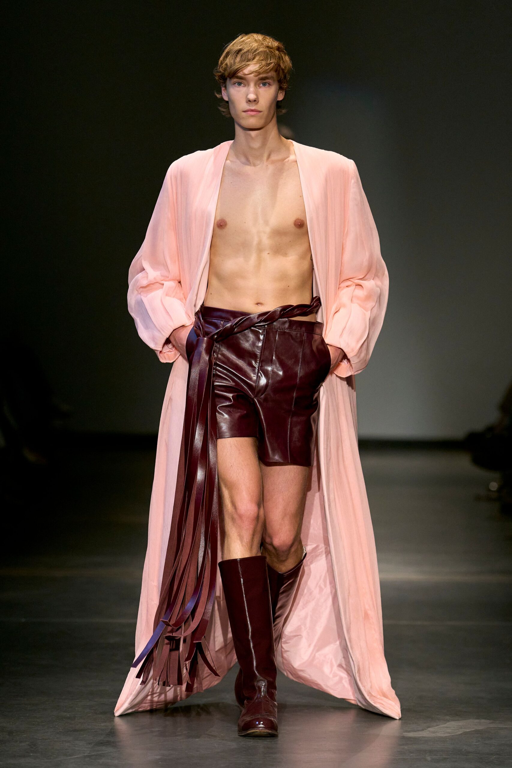 pink silk long-sleeve relaxed flowing maxi coat