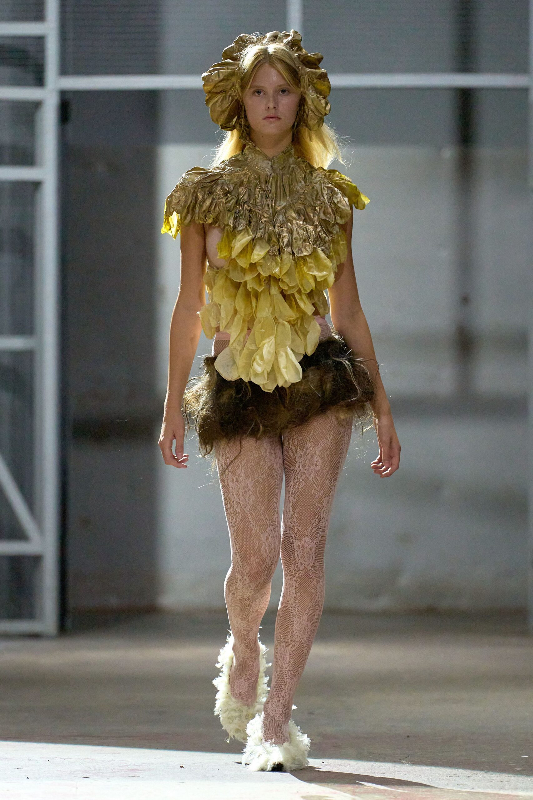 gold silk sleeveless high-neck fitted ruffled layered dress