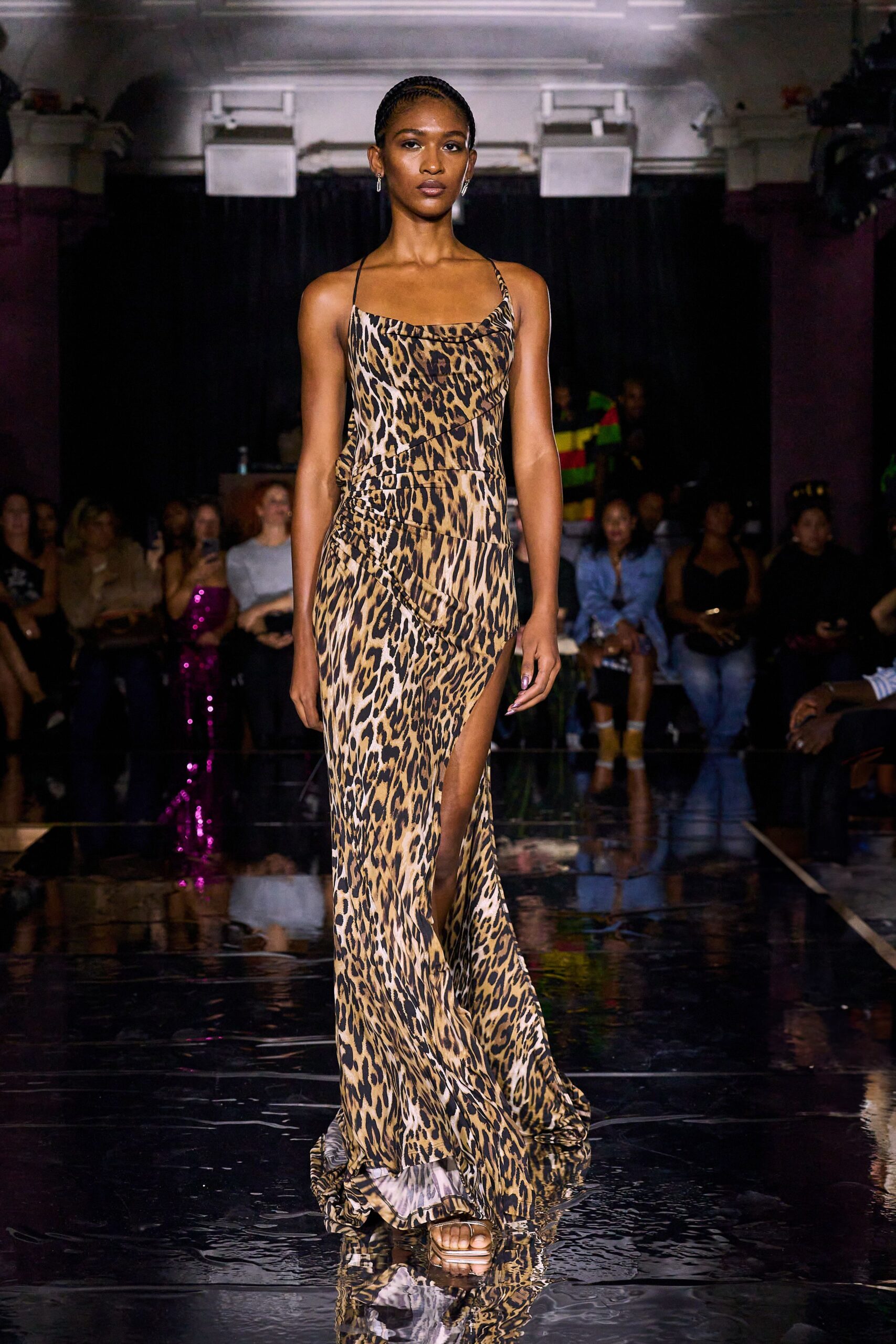 brown silk sleeveless v-neck fitted animal-print draped gown