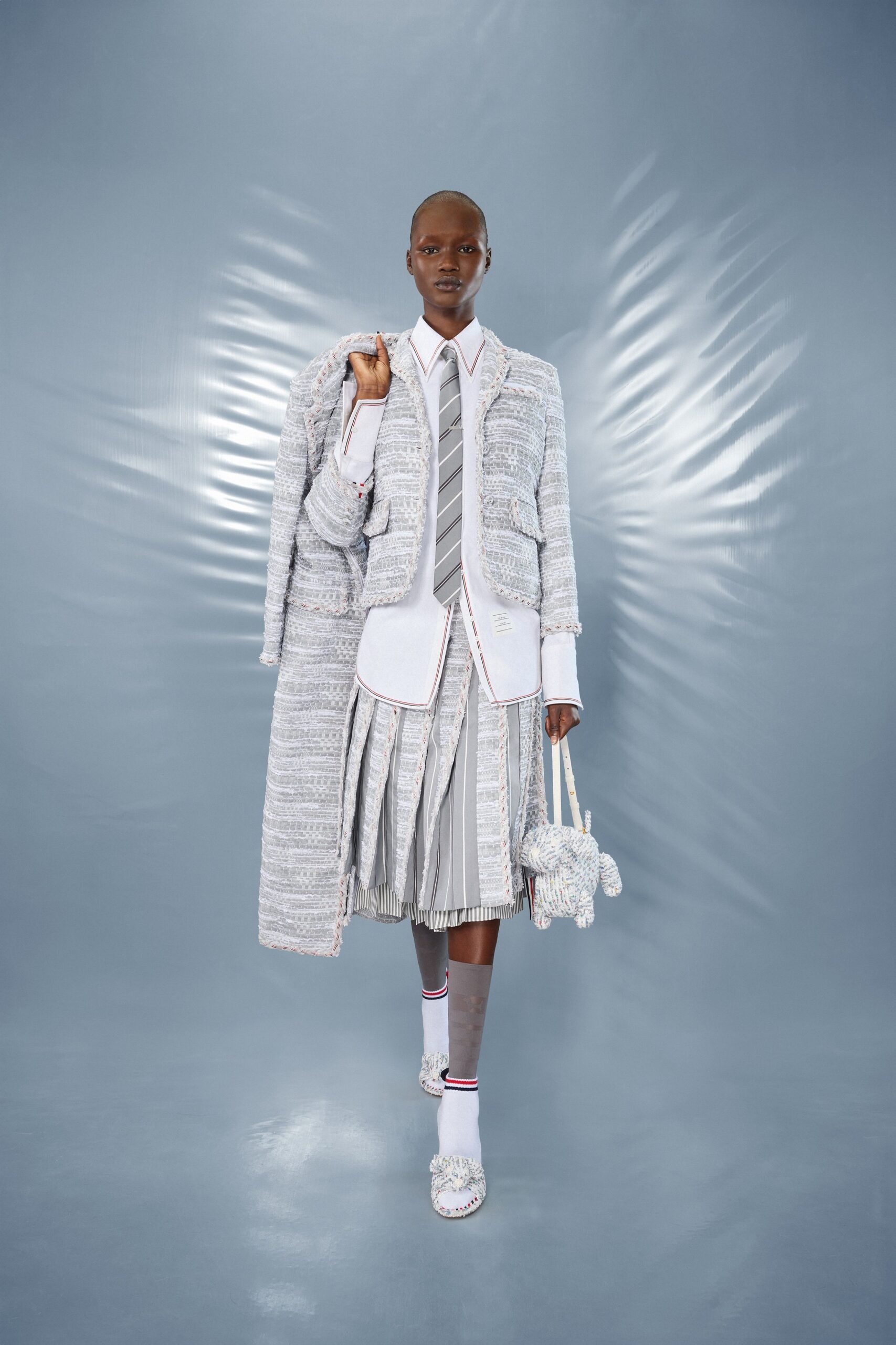 gray tweed long-sleeve collared relaxed buttoned layered coat