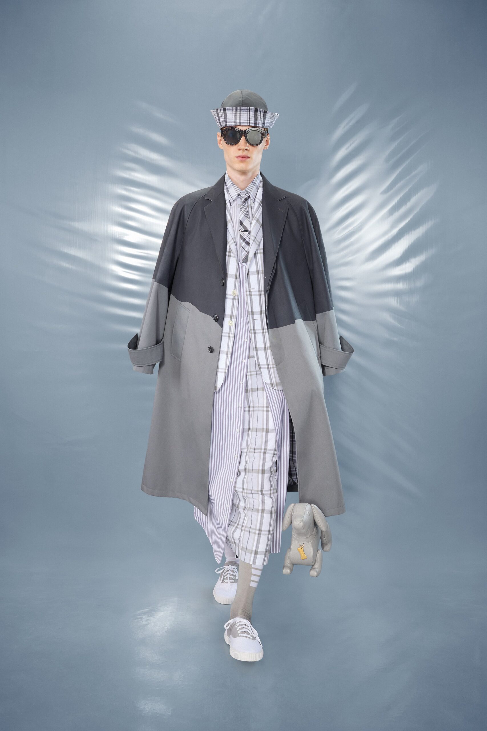 gray color-blocked coat and shirt