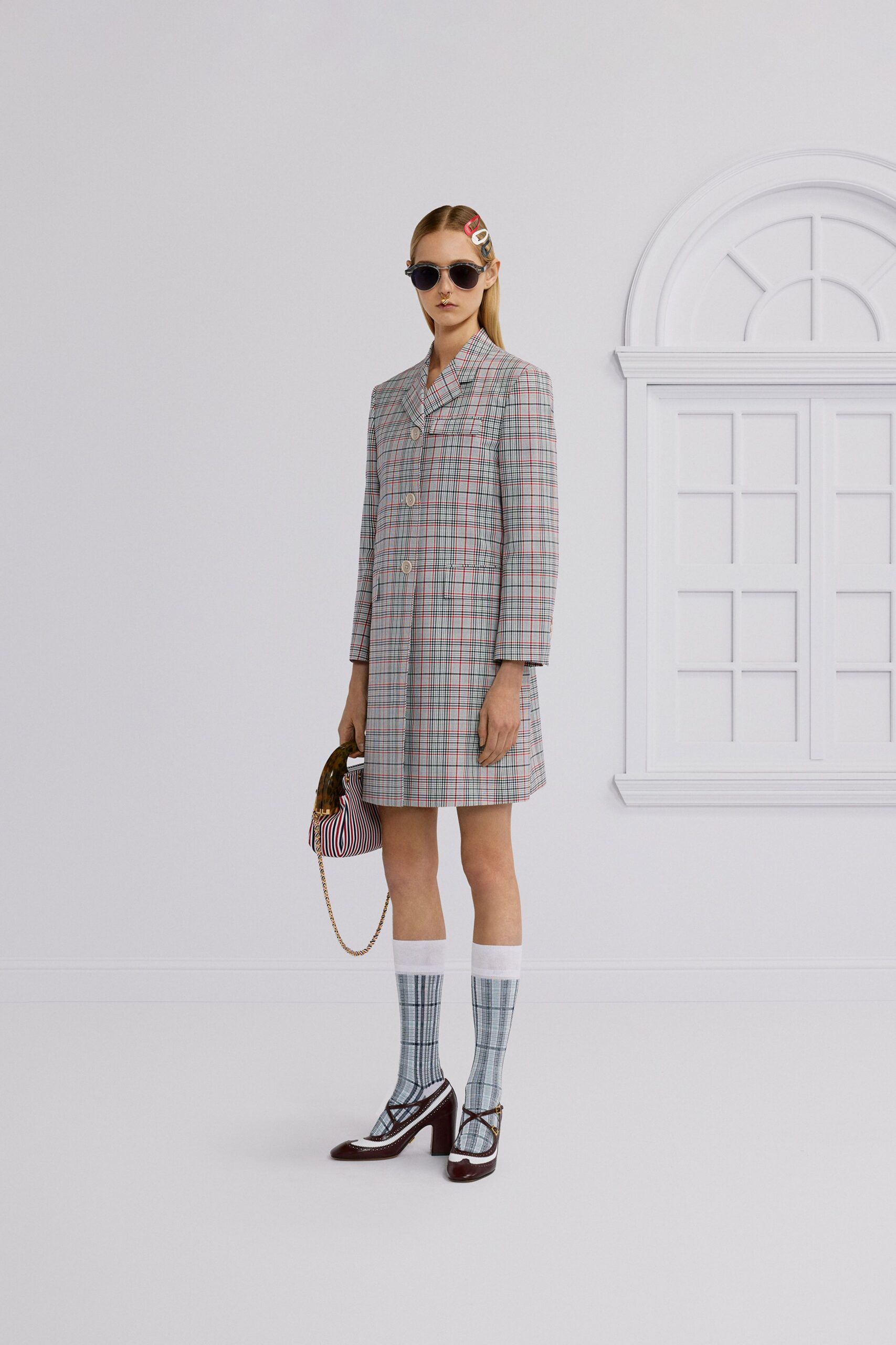 blue cotton long-sleeve collared relaxed checked short coat