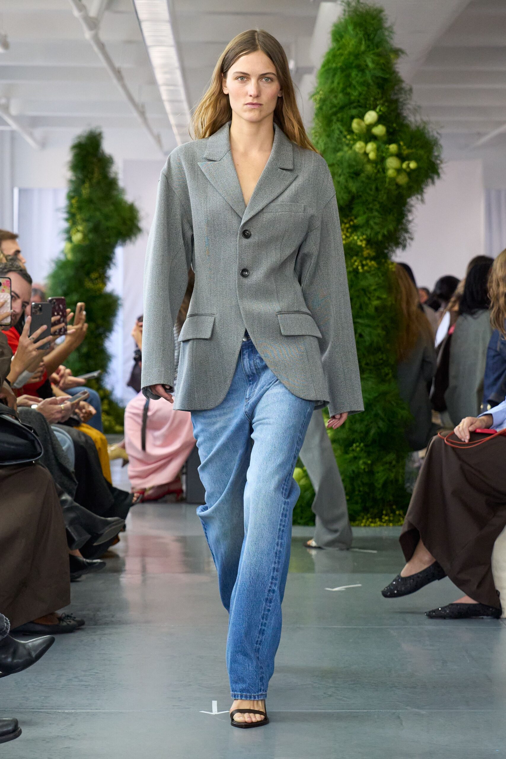 gray blazer with relaxed jeans